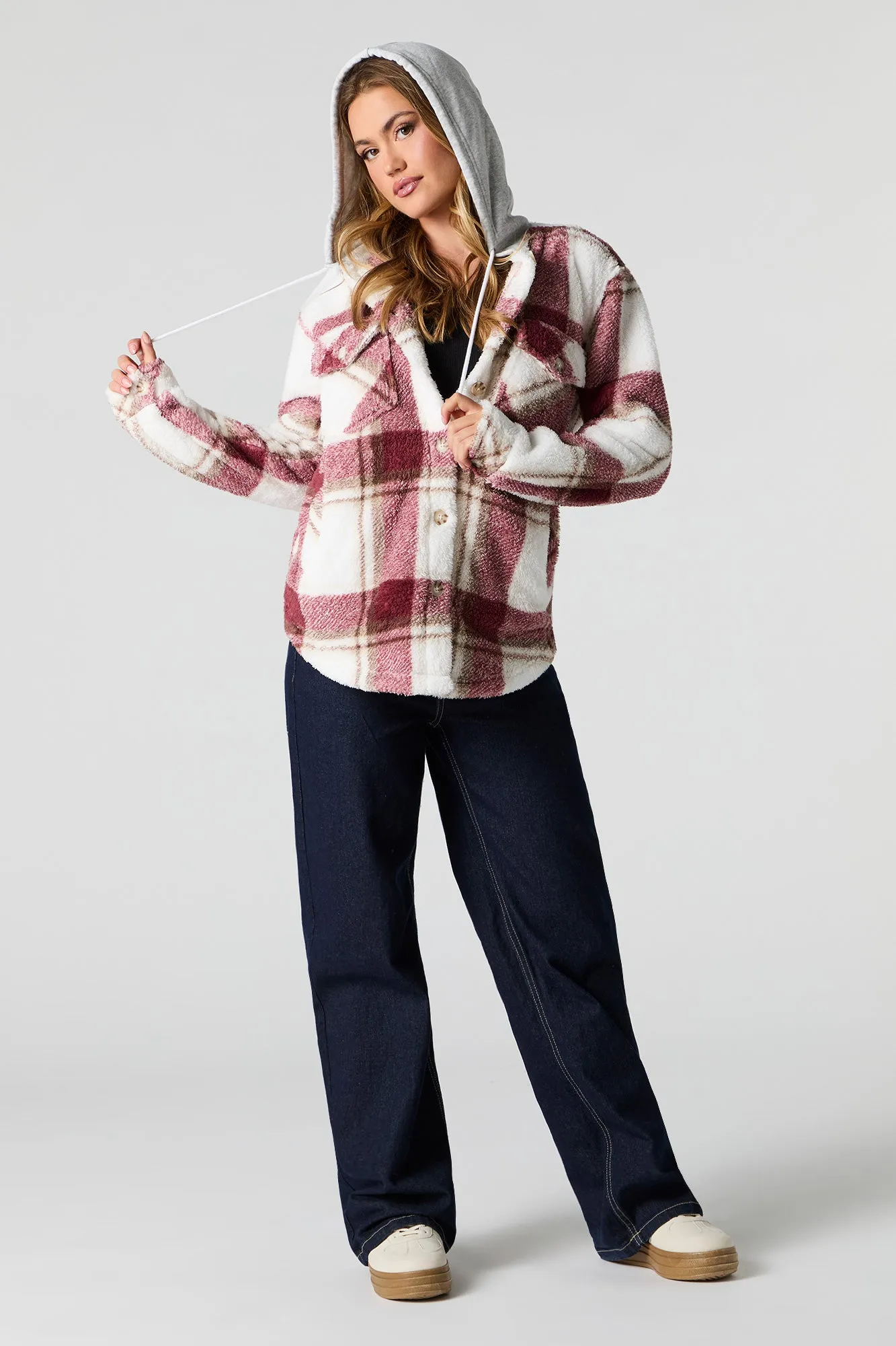Plaid Sherpa Hooded Shacket sold by Urban Planet product image thumbnail 3