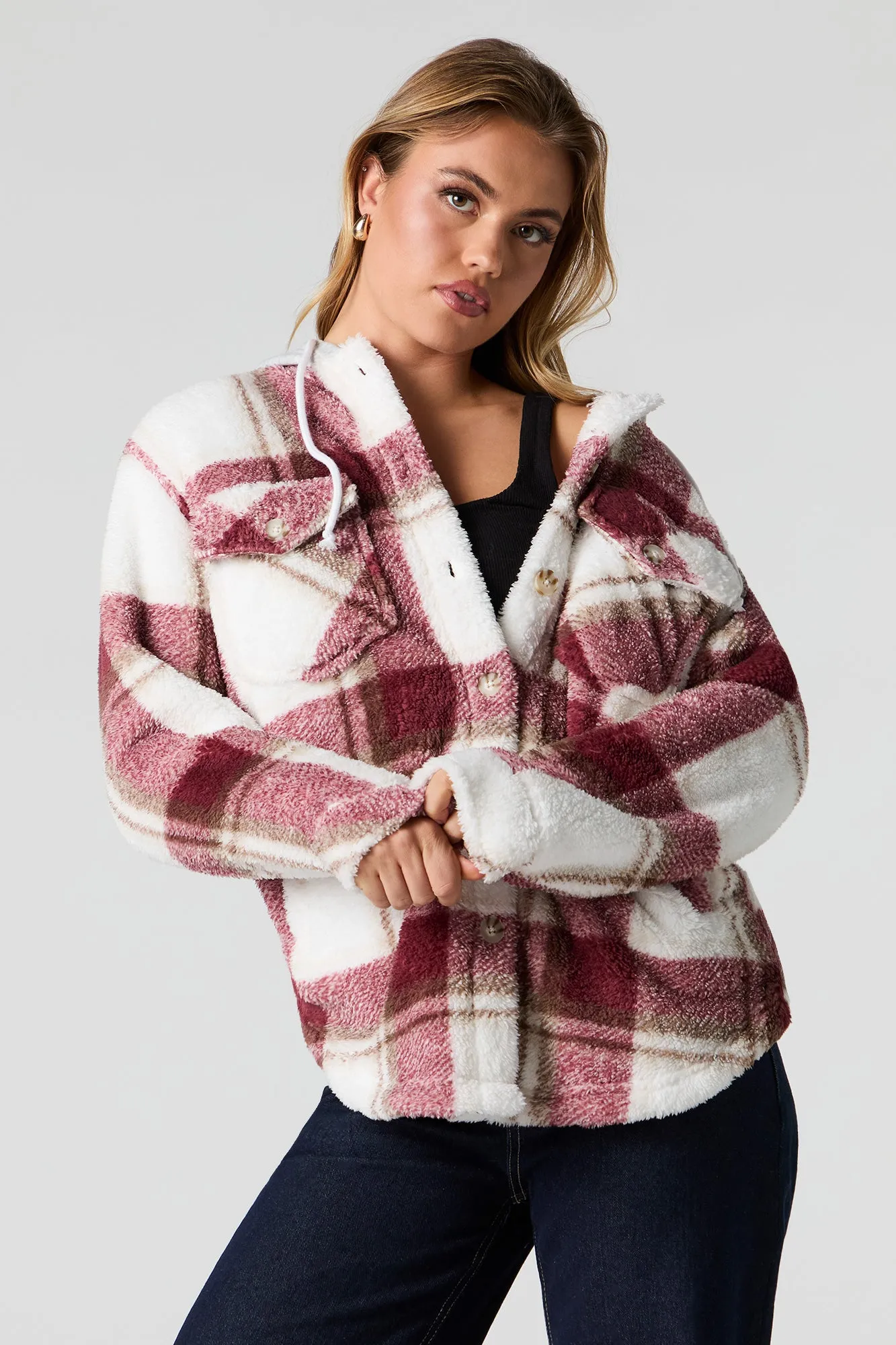 Plaid Sherpa Hooded Shacket sold by Urban Planet product image thumbnail 4