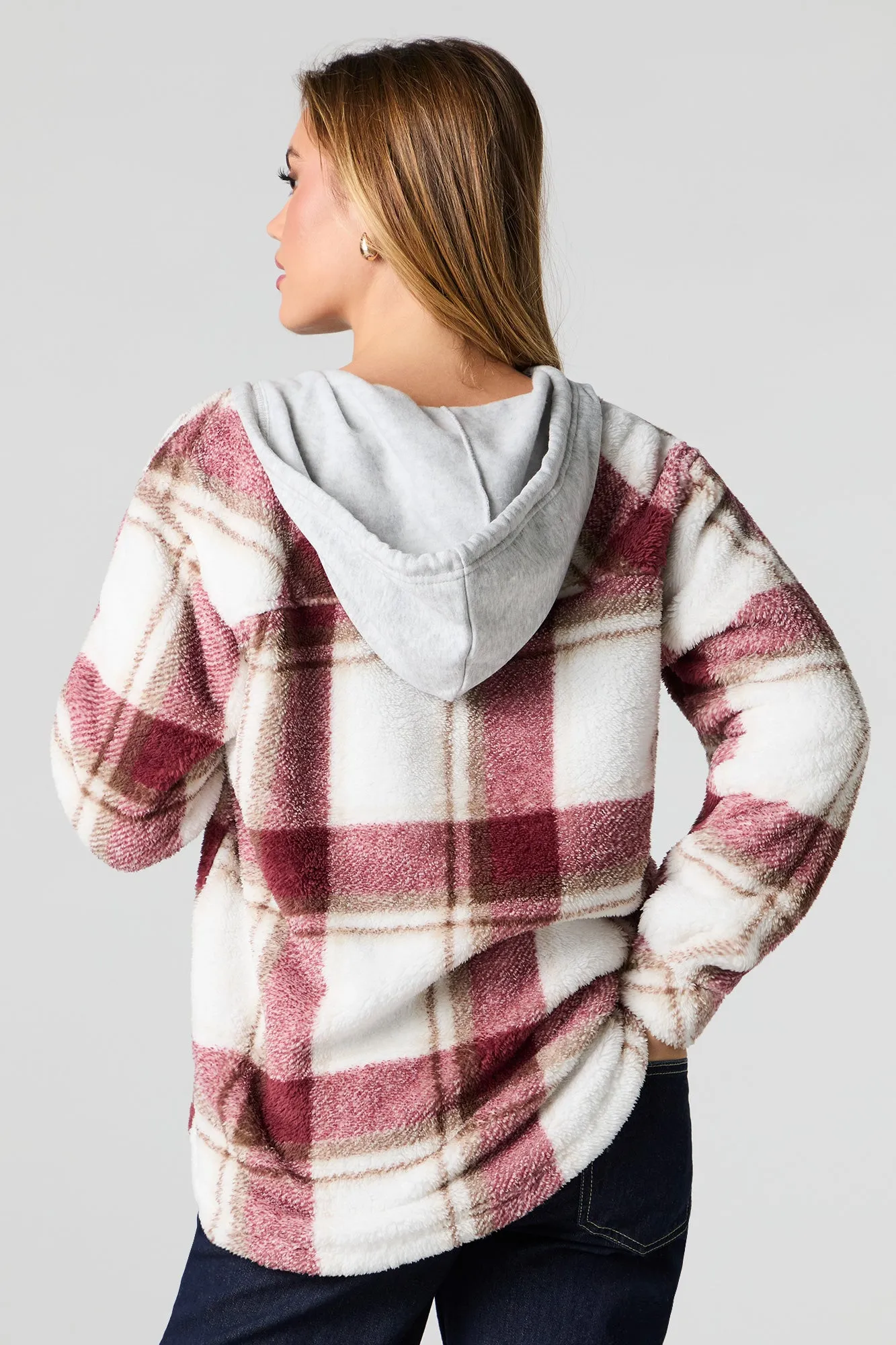 Plaid Sherpa Hooded Shacket sold by Urban Planet product image thumbnail 2