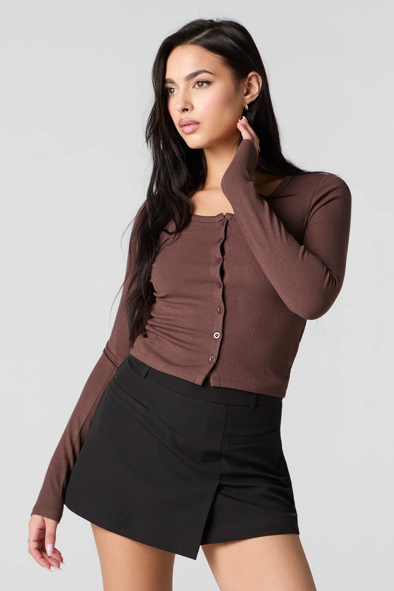 Ribbed Button-Up Long Sleeve Top sold by Urban Planet