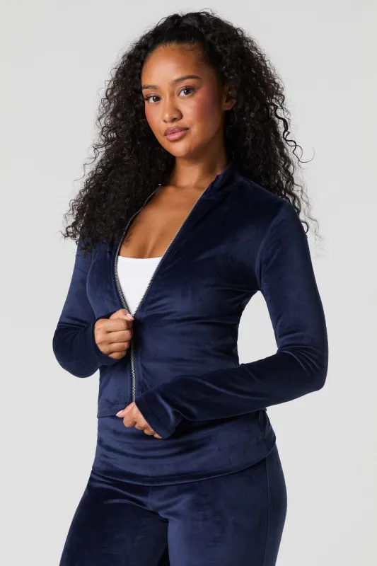 Velour Zip-Up Long Sleeve Top sold by Urban Planet
