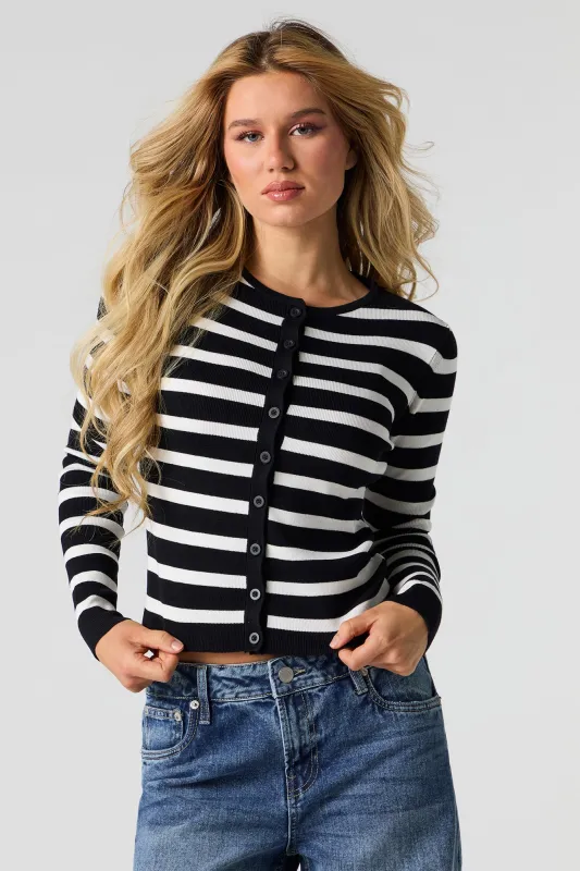 Striped Ribbed Button-Up Cardigan Top sold by Urban Planet