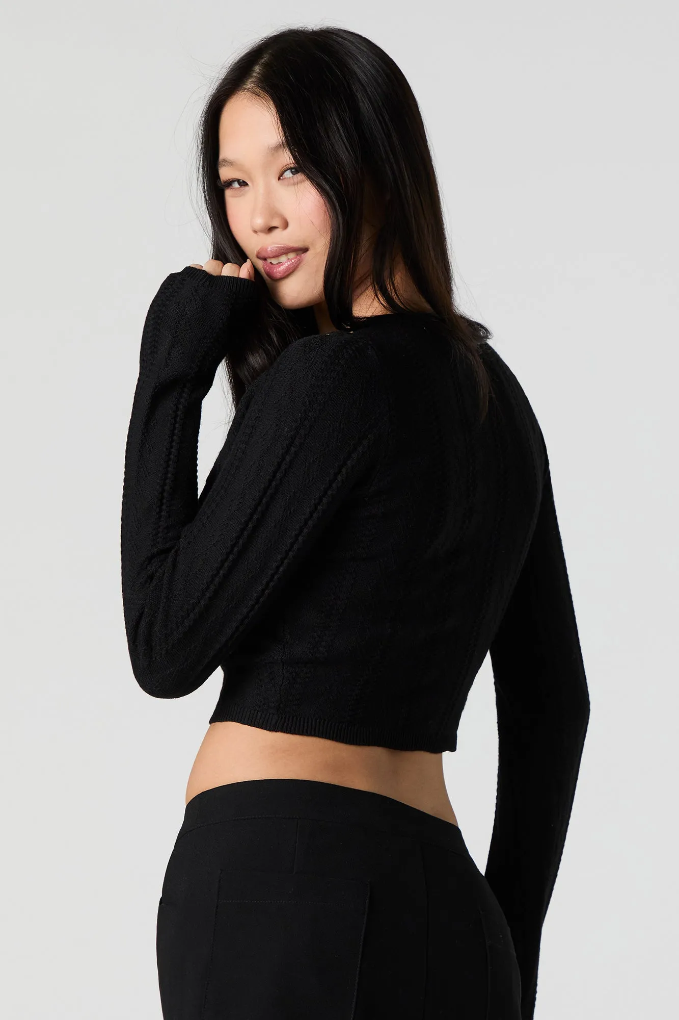 Textured Pointelle Knit Cropped Cardigan sold by Urban Planet product image thumbnail 5