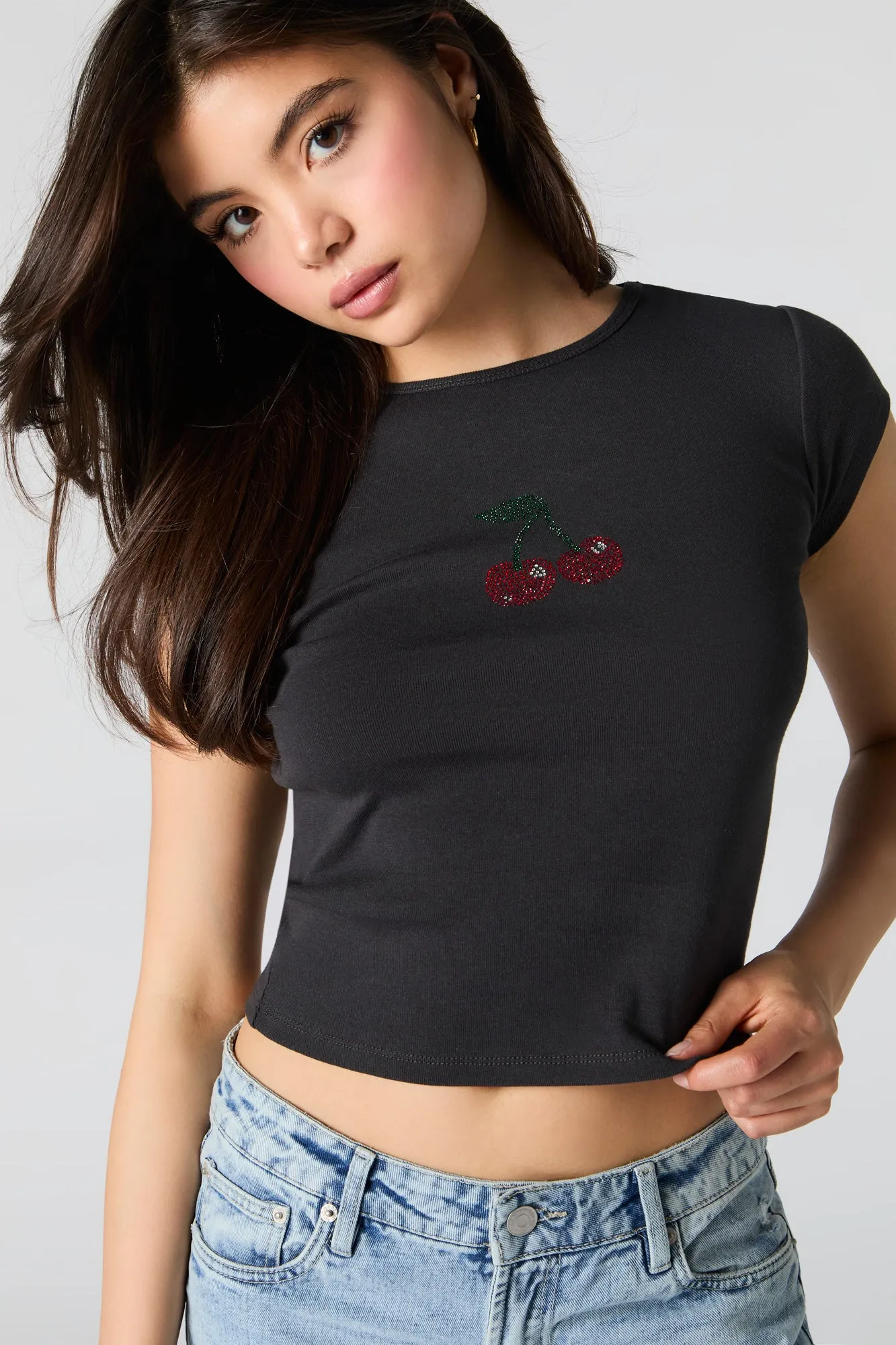 Cherry Rhinestone Fitted T-Shirt sold by Urban Planet