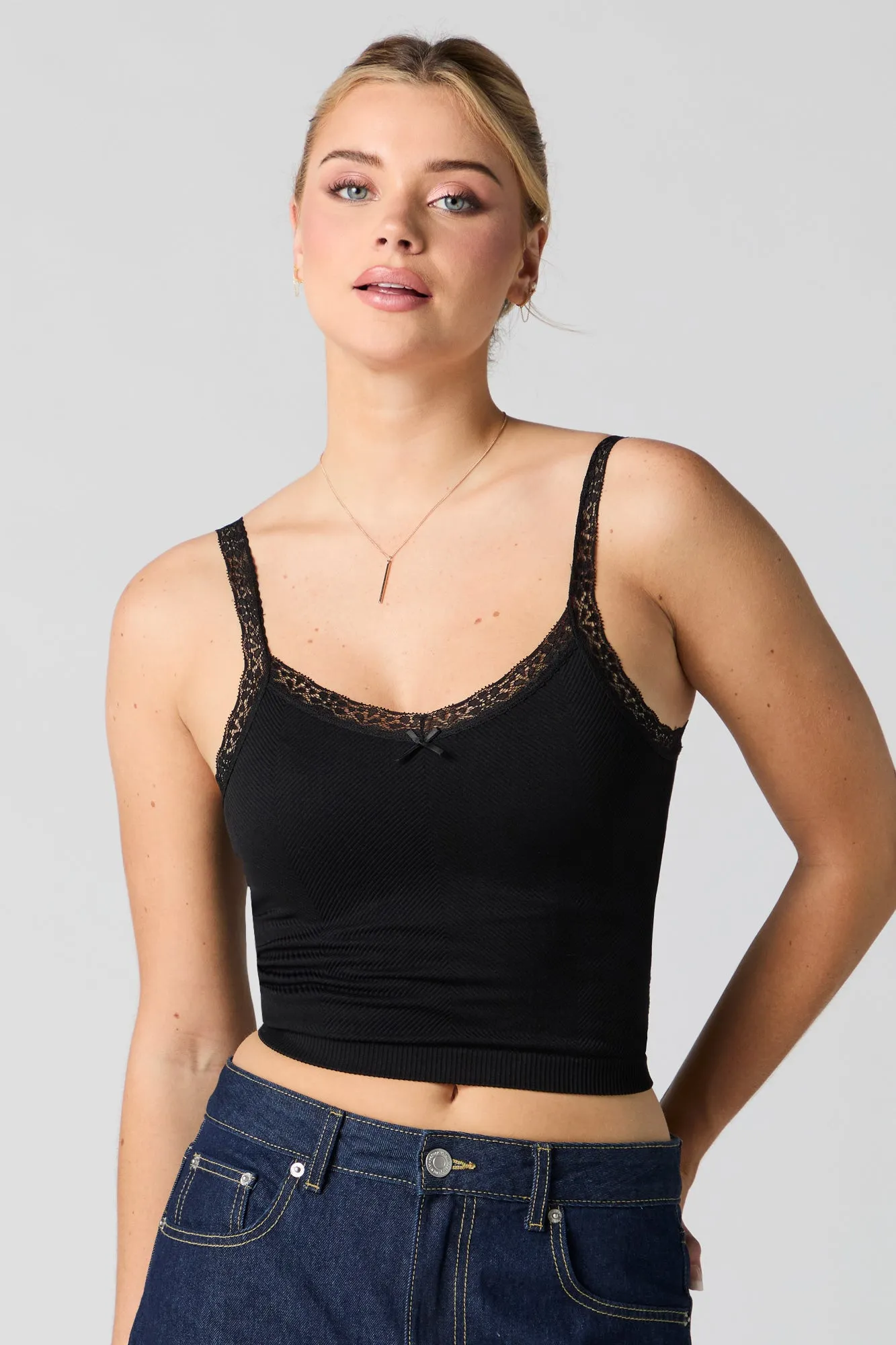 Seamless Ribbed Lace Trim Tank with Built-In Cups sold by Urban Planet product image thumbnail 4