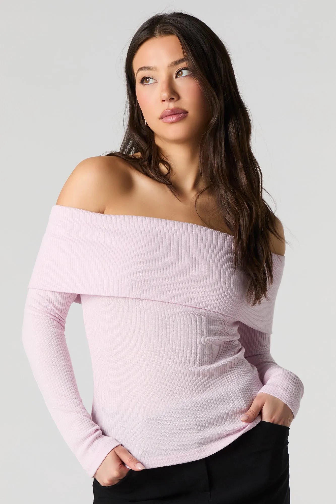 Ribbed Knit Off Shoulder Long Sleeve Top sold by Urban Planet