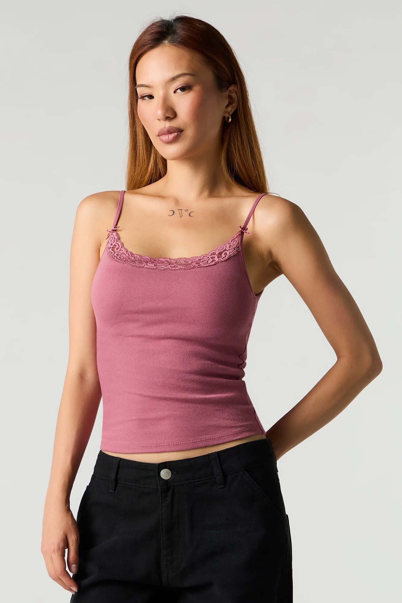 Ribbed Lace Trim Tank with Built-In Cups sold by Urban Planet
