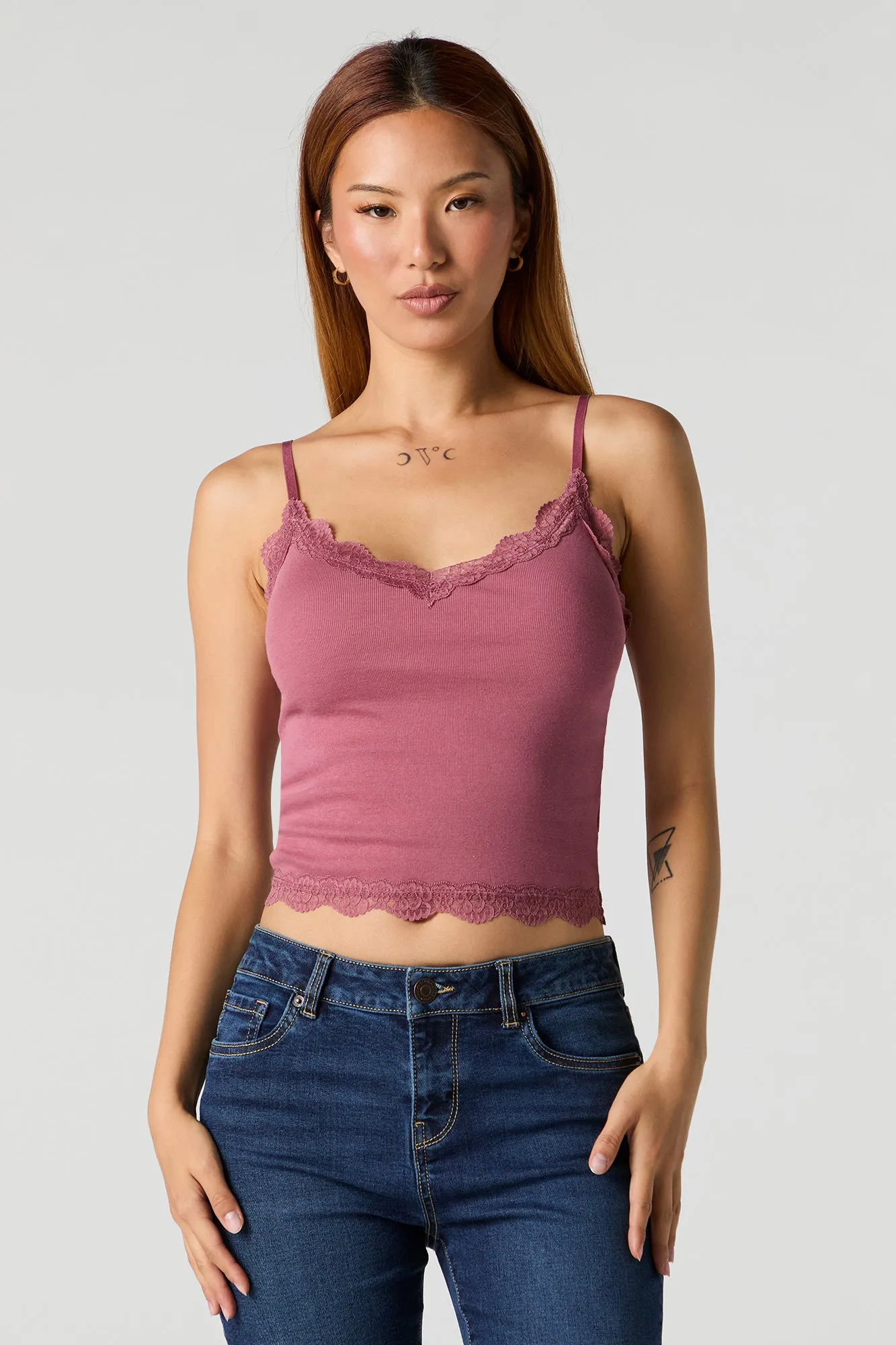 Ribbed Lace Trim V-Neck Tank with Built-In Cups sold by Urban Planet product image thumbnail 4