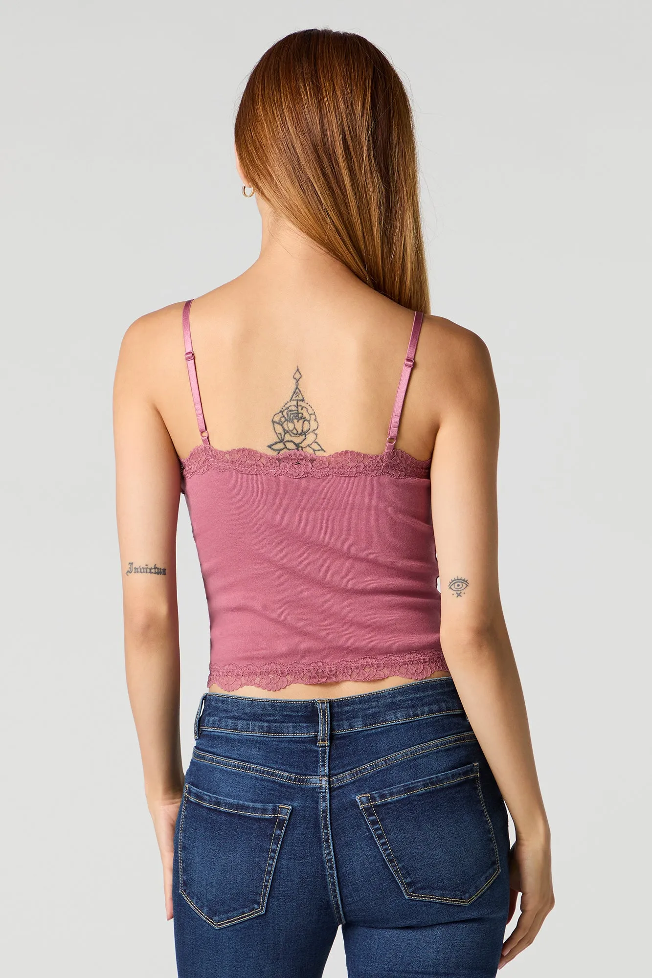 Ribbed Lace Trim V-Neck Tank with Built-In Cups sold by Urban Planet product image thumbnail 2