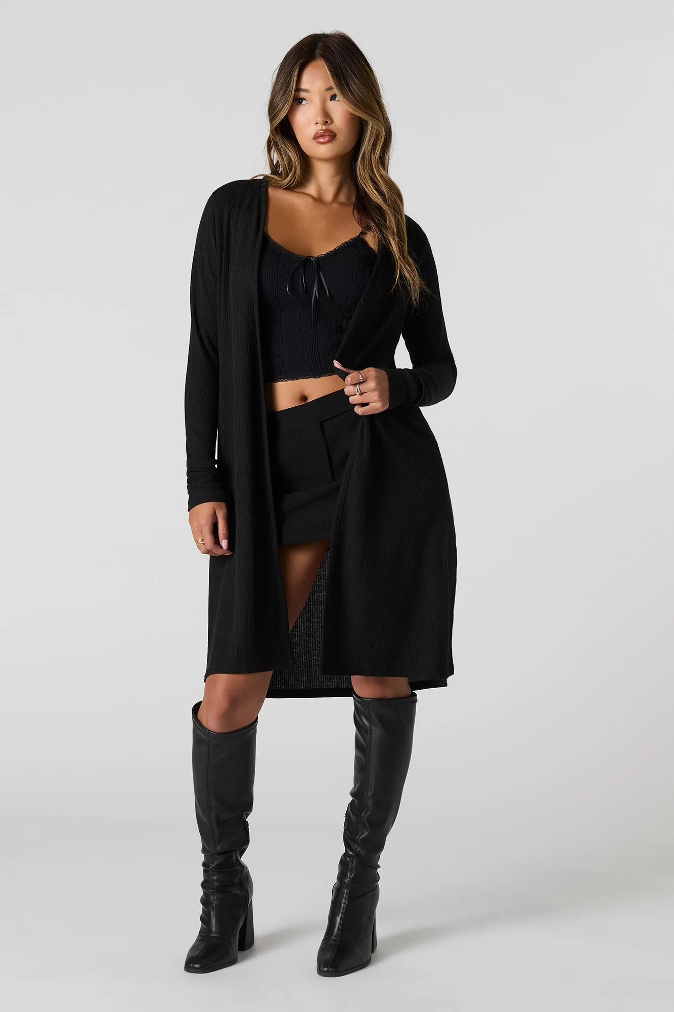 Ribbed Knit Open Front Longline Cardigan sold by Urban Planet product image thumbnail 4