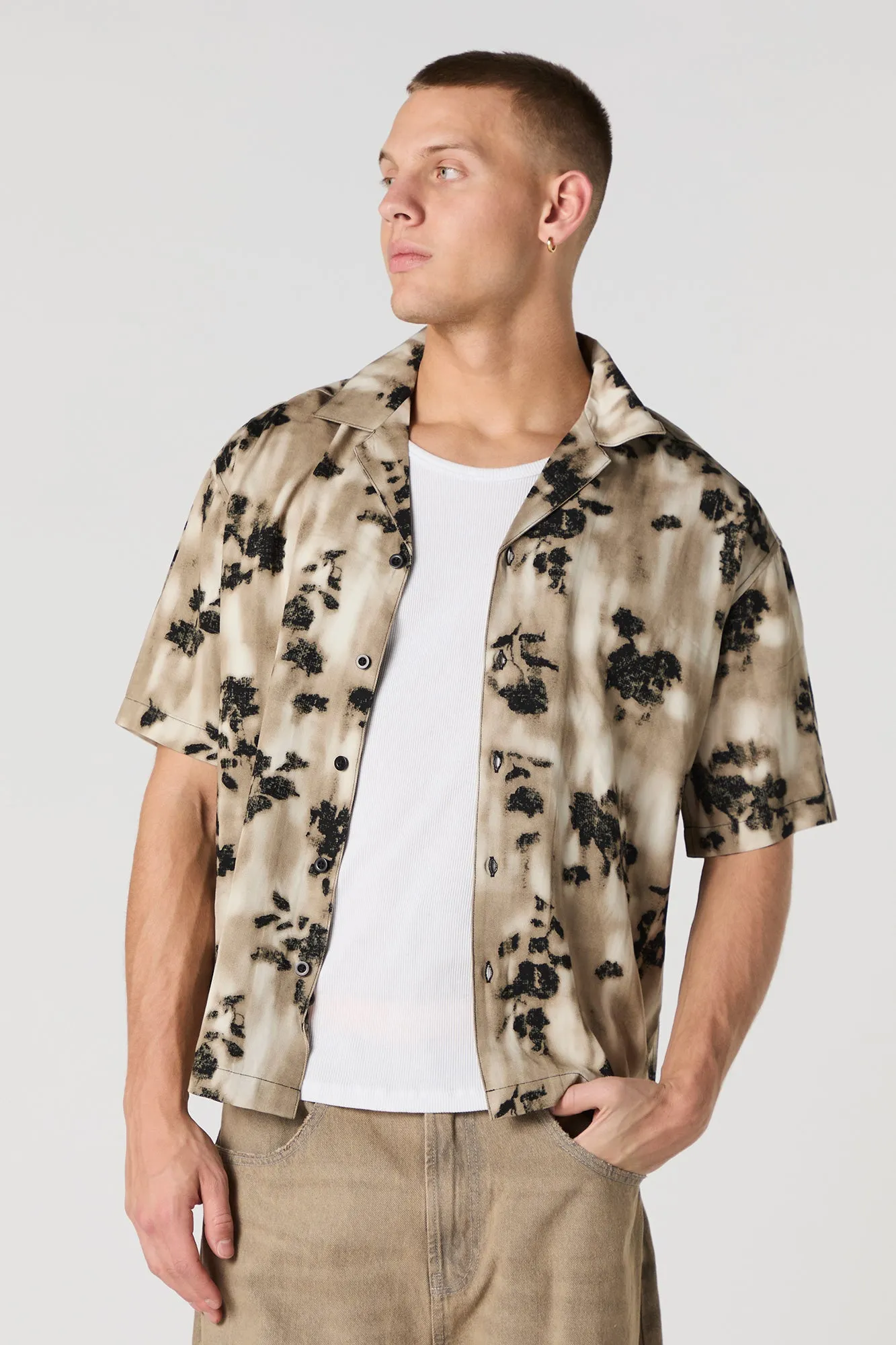 Printed Short Sleeve Button-Up Top sold by Urban Planet