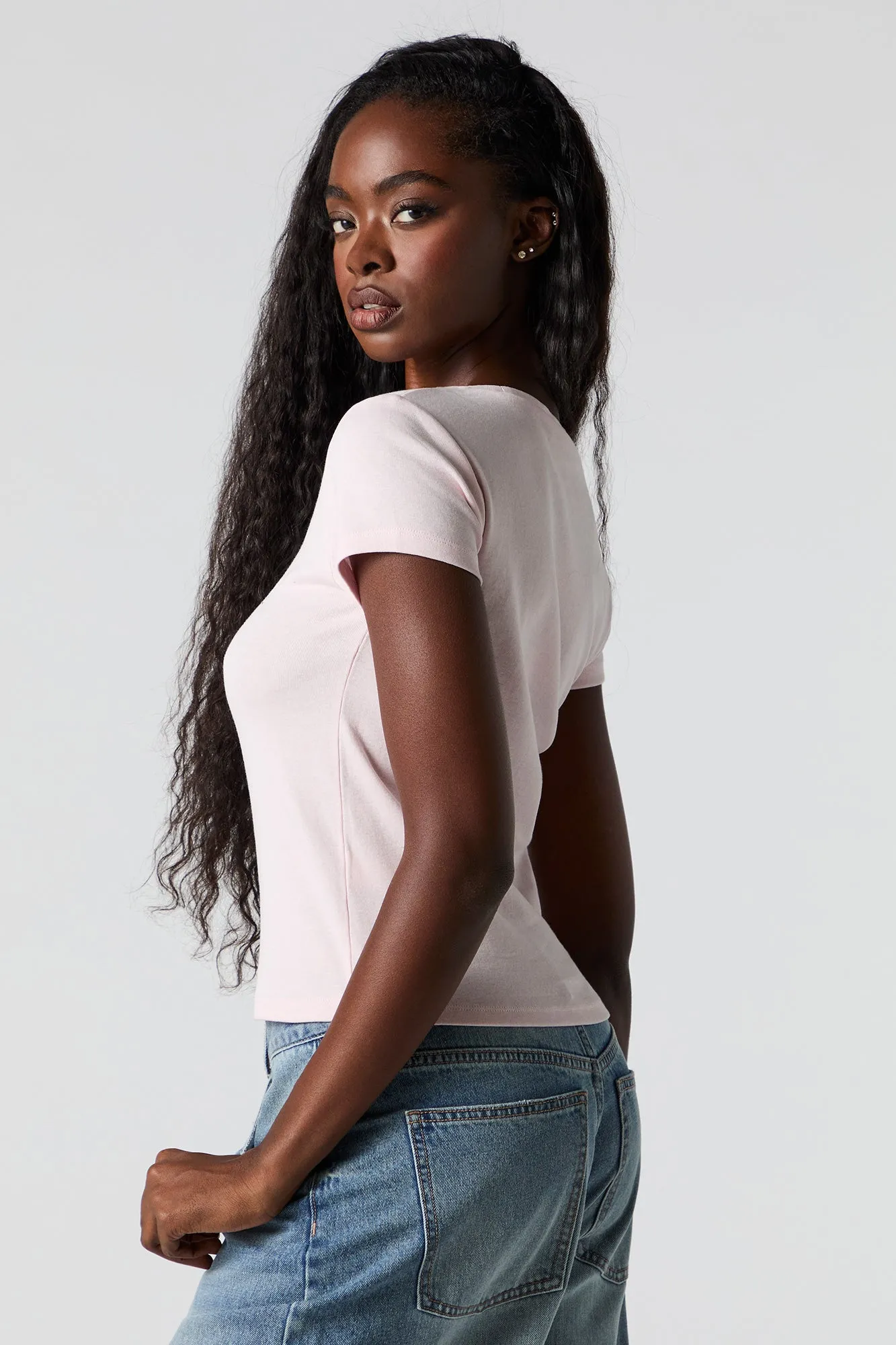 Cutesy Graphic Rhinestone Ribbed T-Shirt sold by Urban Planet product image thumbnail 2