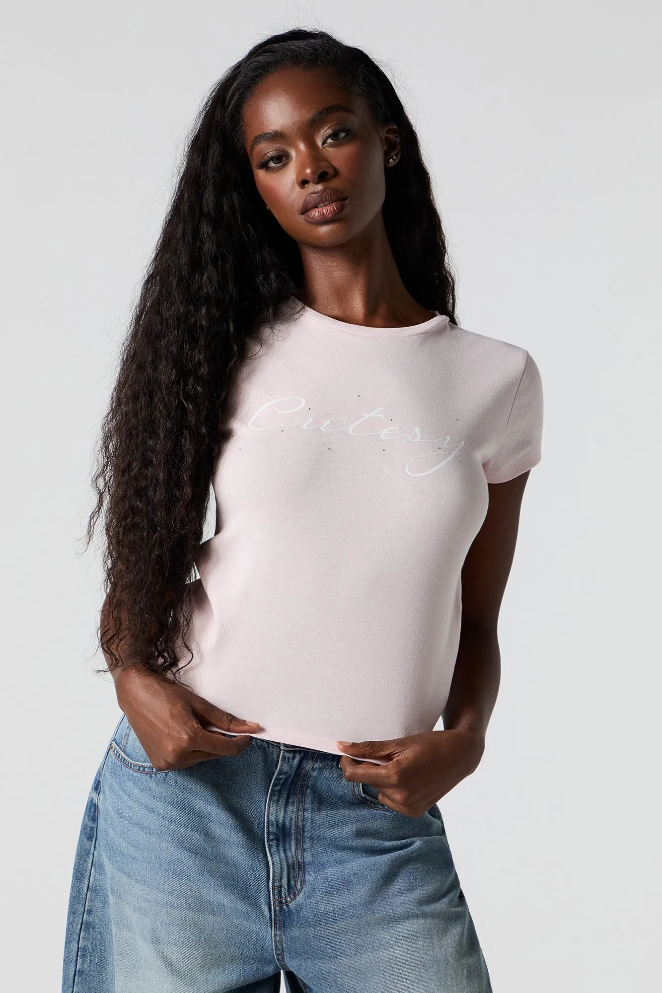 Cutesy Graphic Rhinestone Ribbed T-Shirt sold by Urban Planet