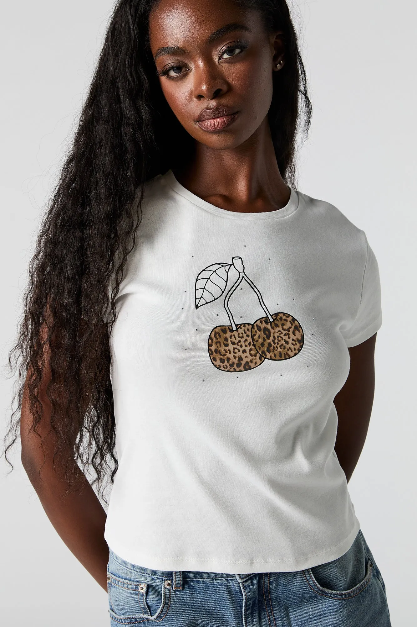Cherry Graphic Rhinestone Ribbed T-Shirt sold by Urban Planet