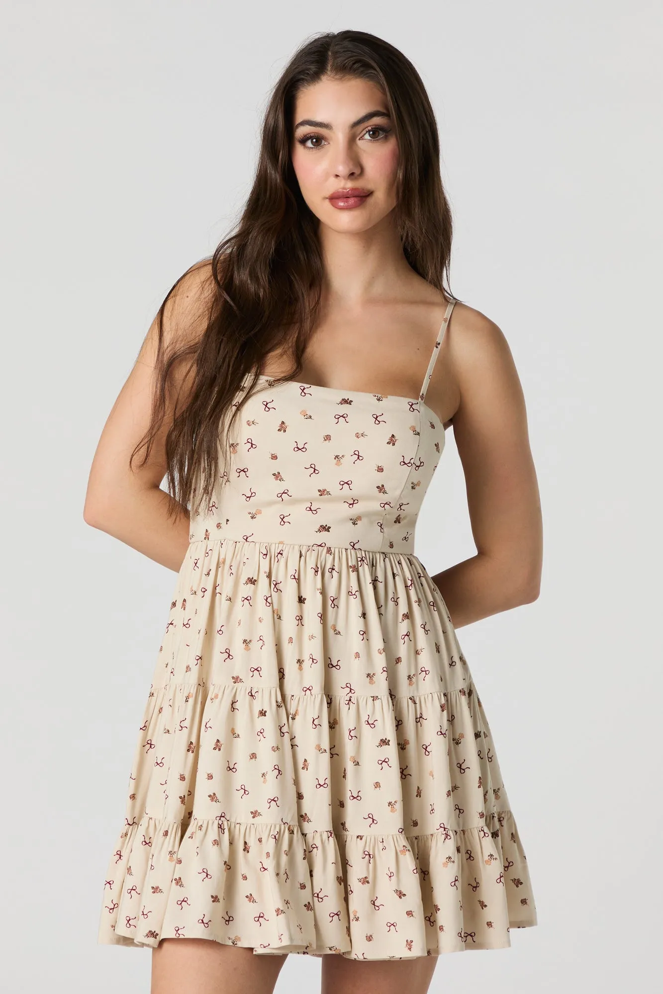 Printed Tiered Tie Back Mini Dress with Built-In Cups sold by Urban Planet