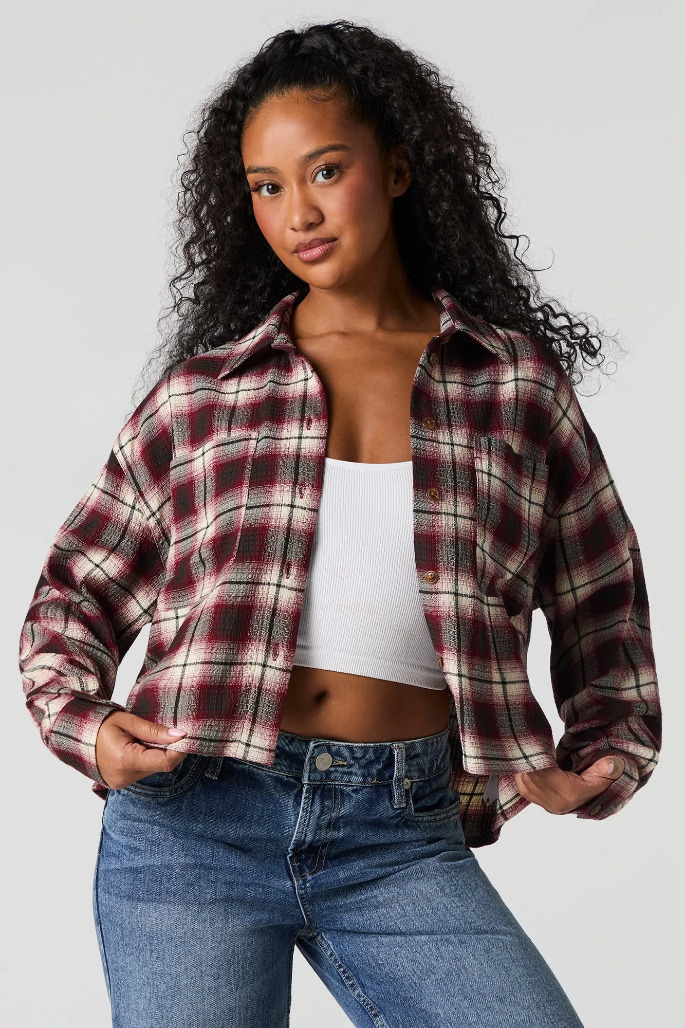 Plaid Cropped Button-Up Top sold by Urban Planet