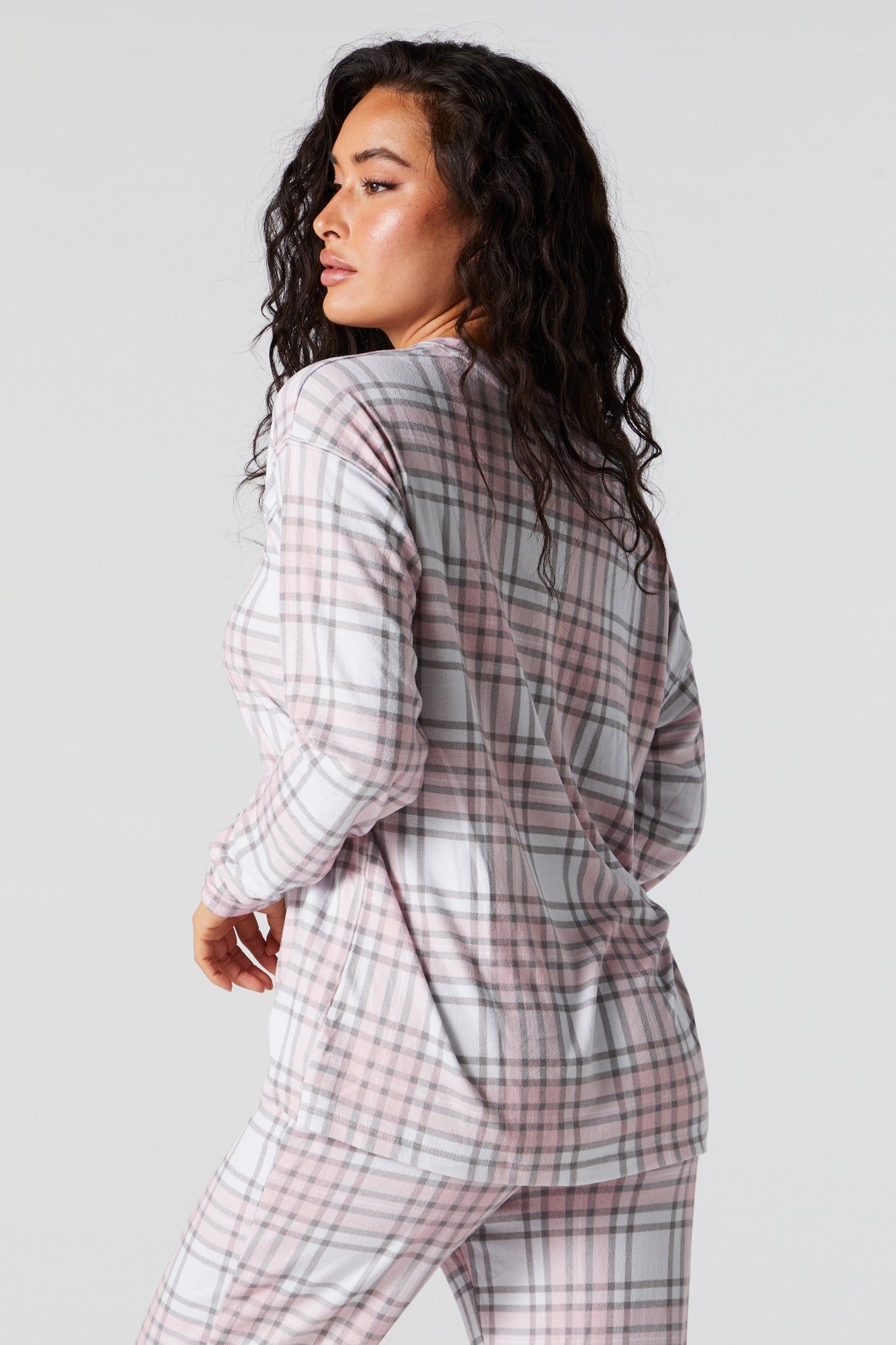 Pink Plaid Print 2 Piece Holiday Pajama Set sold by Urban Planet product image thumbnail 3