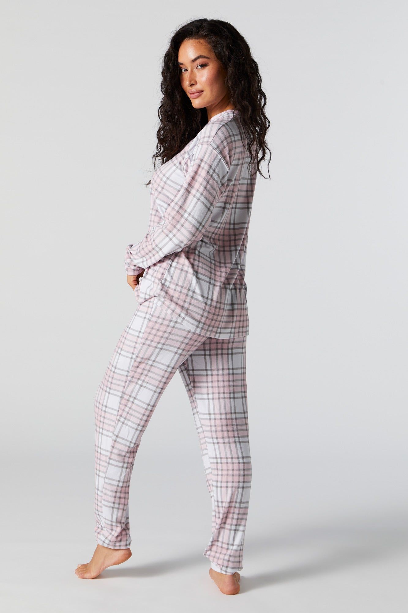 Pink Plaid Print 2 Piece Holiday Pajama Set sold by Urban Planet product image thumbnail 5