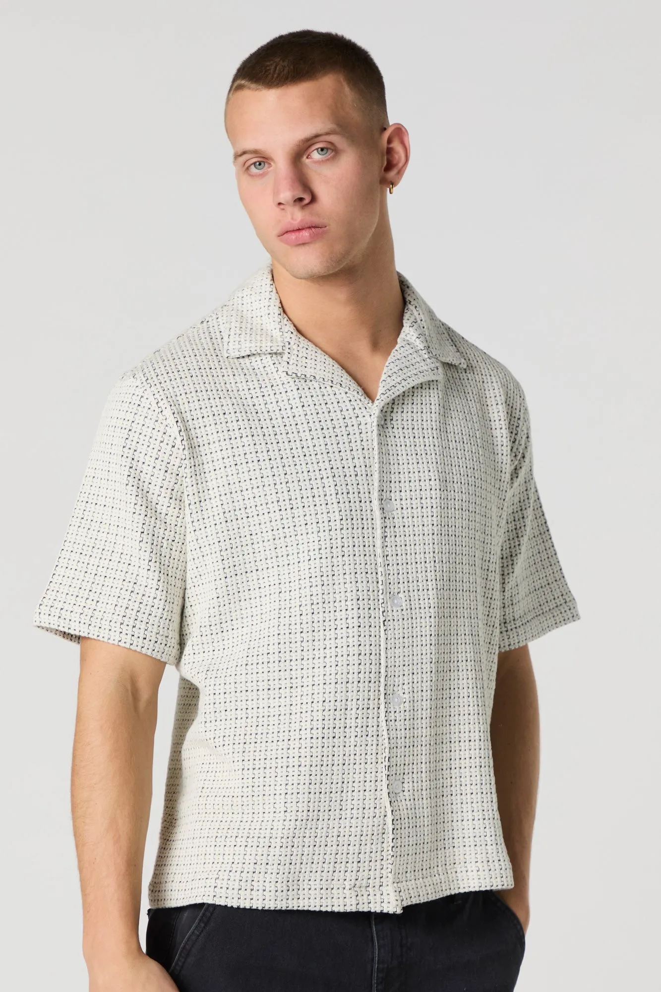 Textured Short Sleeve Button-Up Top sold by Urban Planet