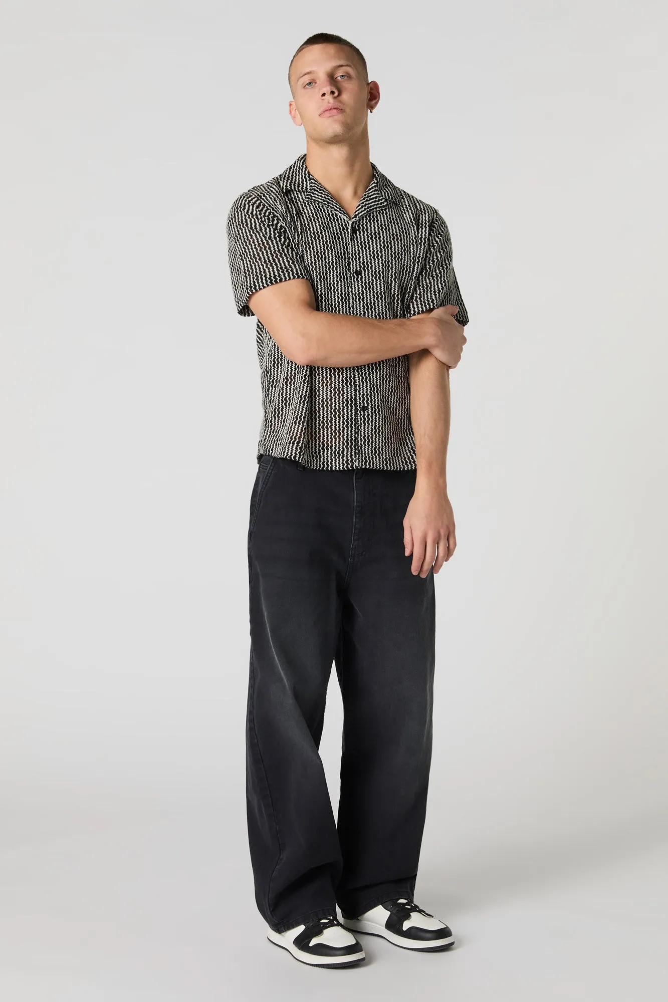 Black & White Textured Short Sleeve Button-Up Top sold by Urban Planet product image thumbnail 3