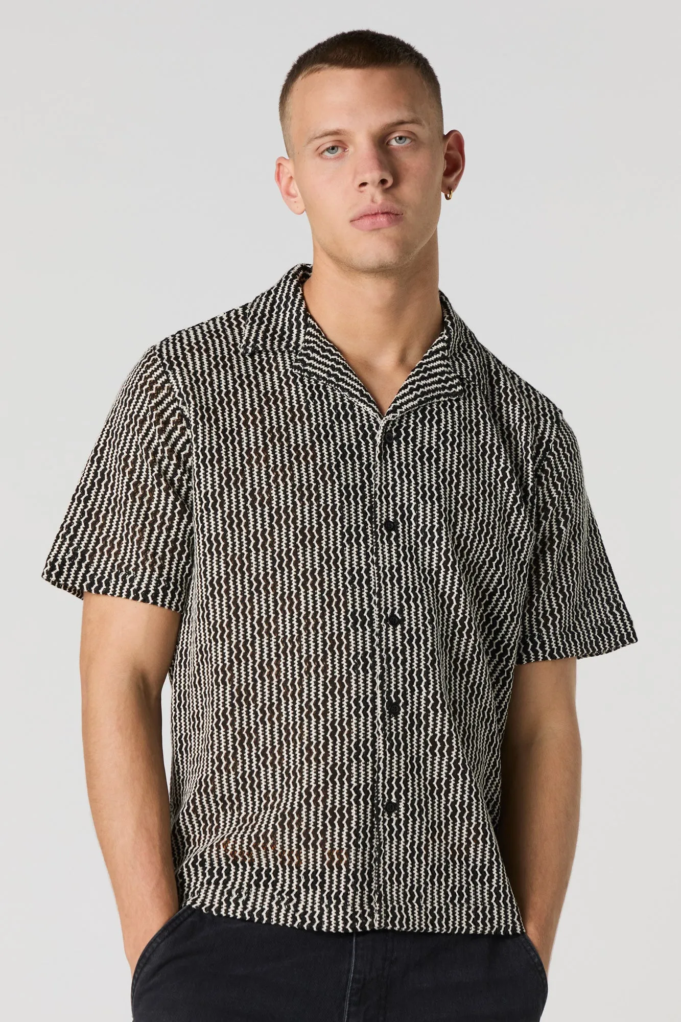 Black & White Textured Short Sleeve Button-Up Top sold by Urban Planet
