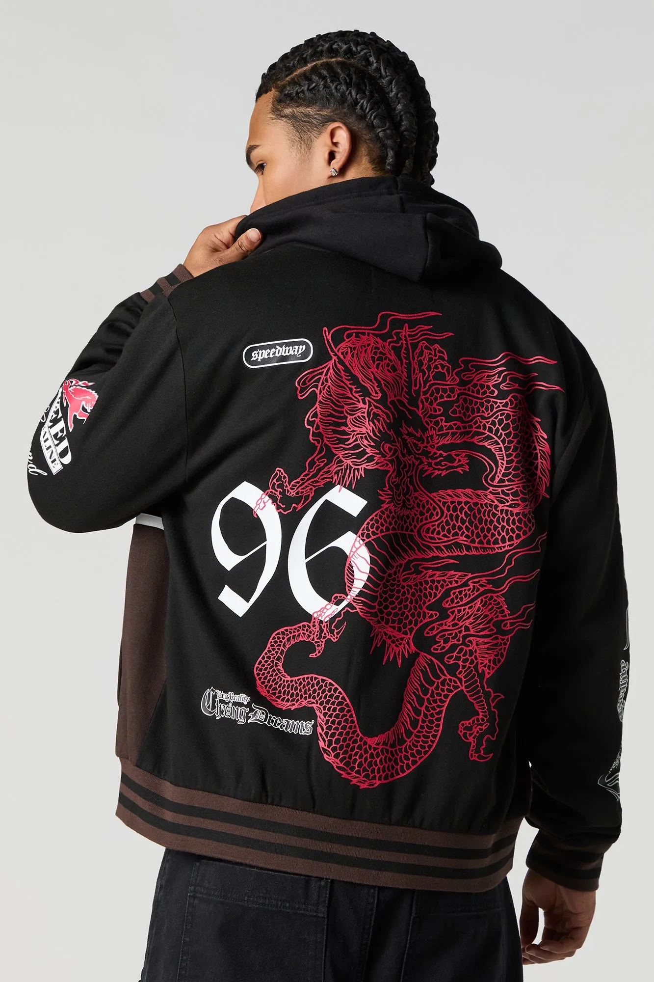 Embroidered Fleece Varsity Jacket sold by Urban Planet