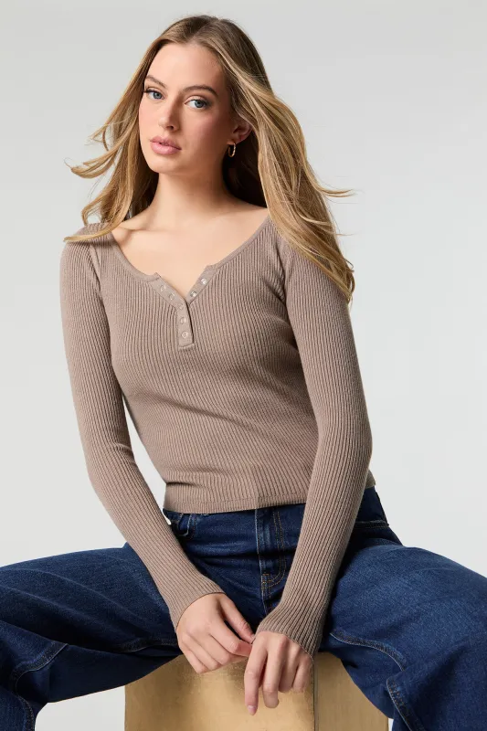 Ribbed Henley Long Sleeve Top sold by Urban Planet