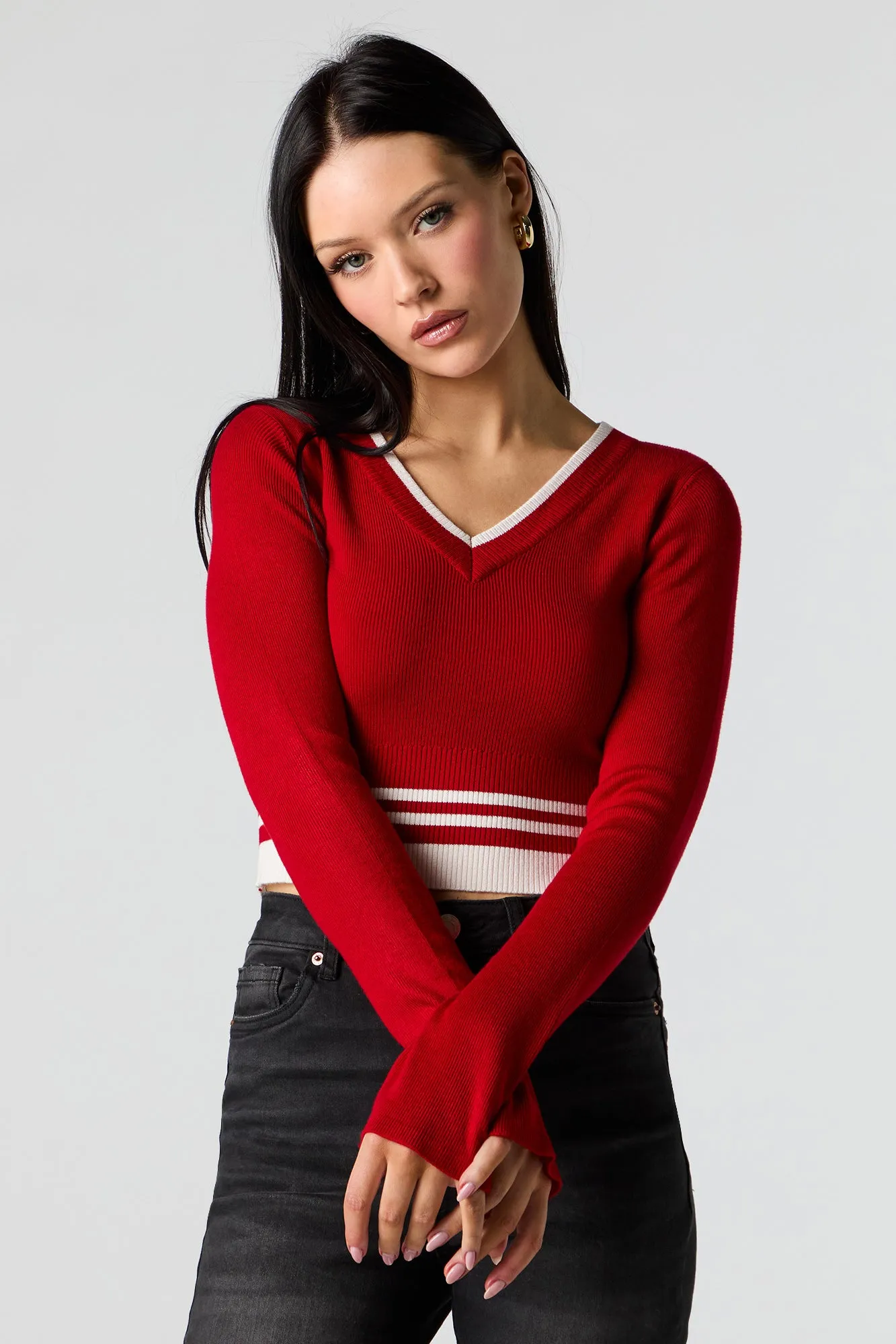Ribbed Knit V-Neck Cropped Sweater sold by Urban Planet