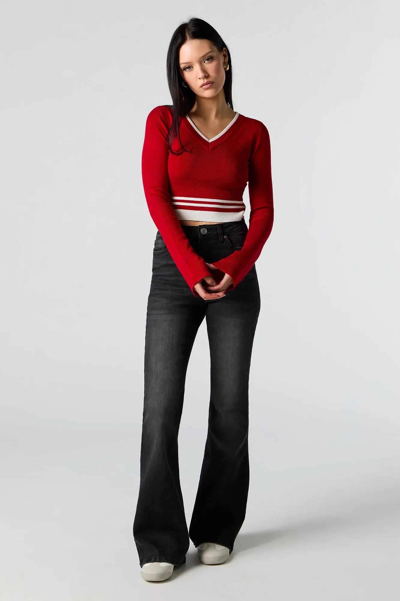 Ribbed Knit V-Neck Cropped Sweater sold by Urban Planet product image thumbnail 3