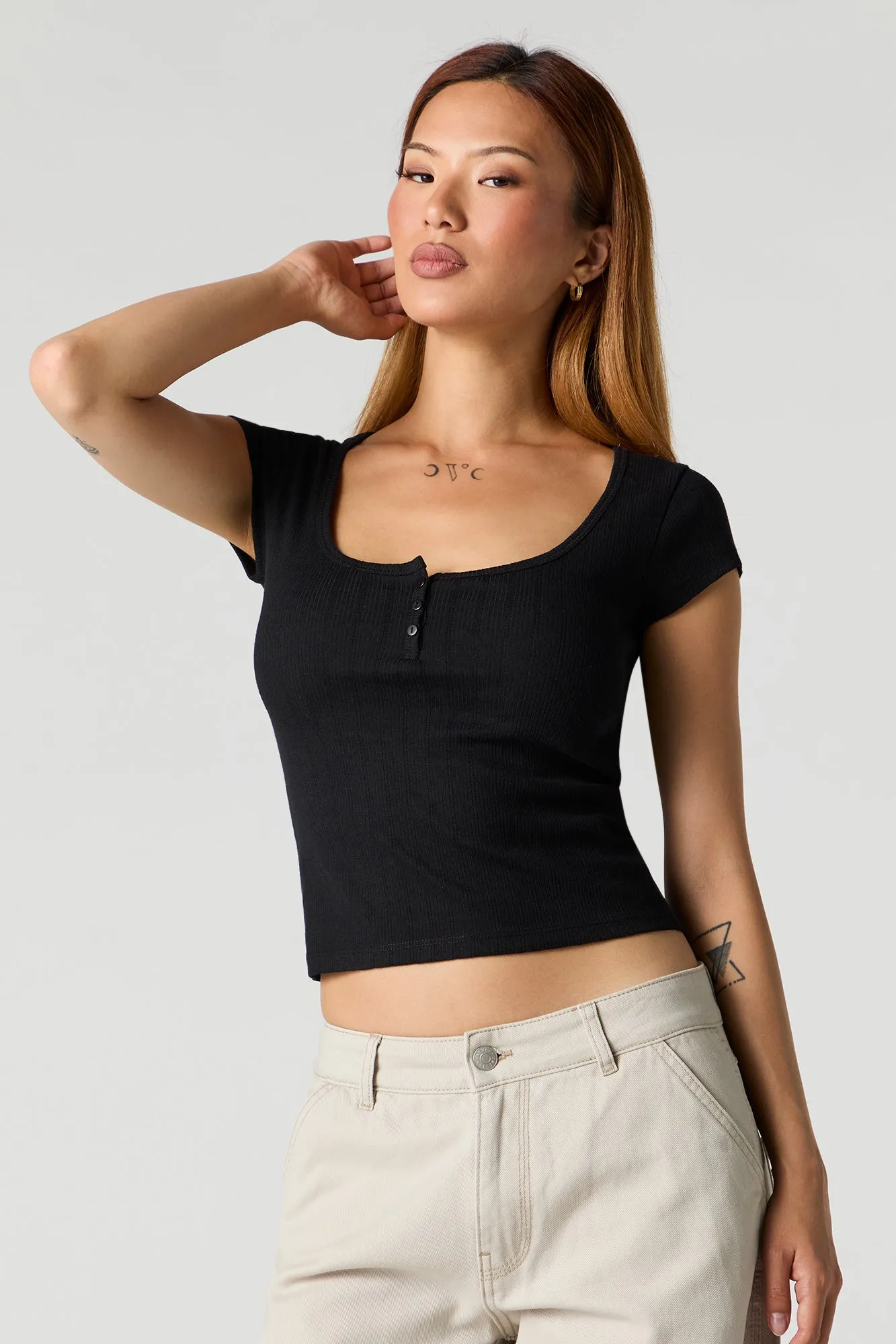 Pointelle Ribbed Henley Top sold by Urban Planet product image thumbnail 5