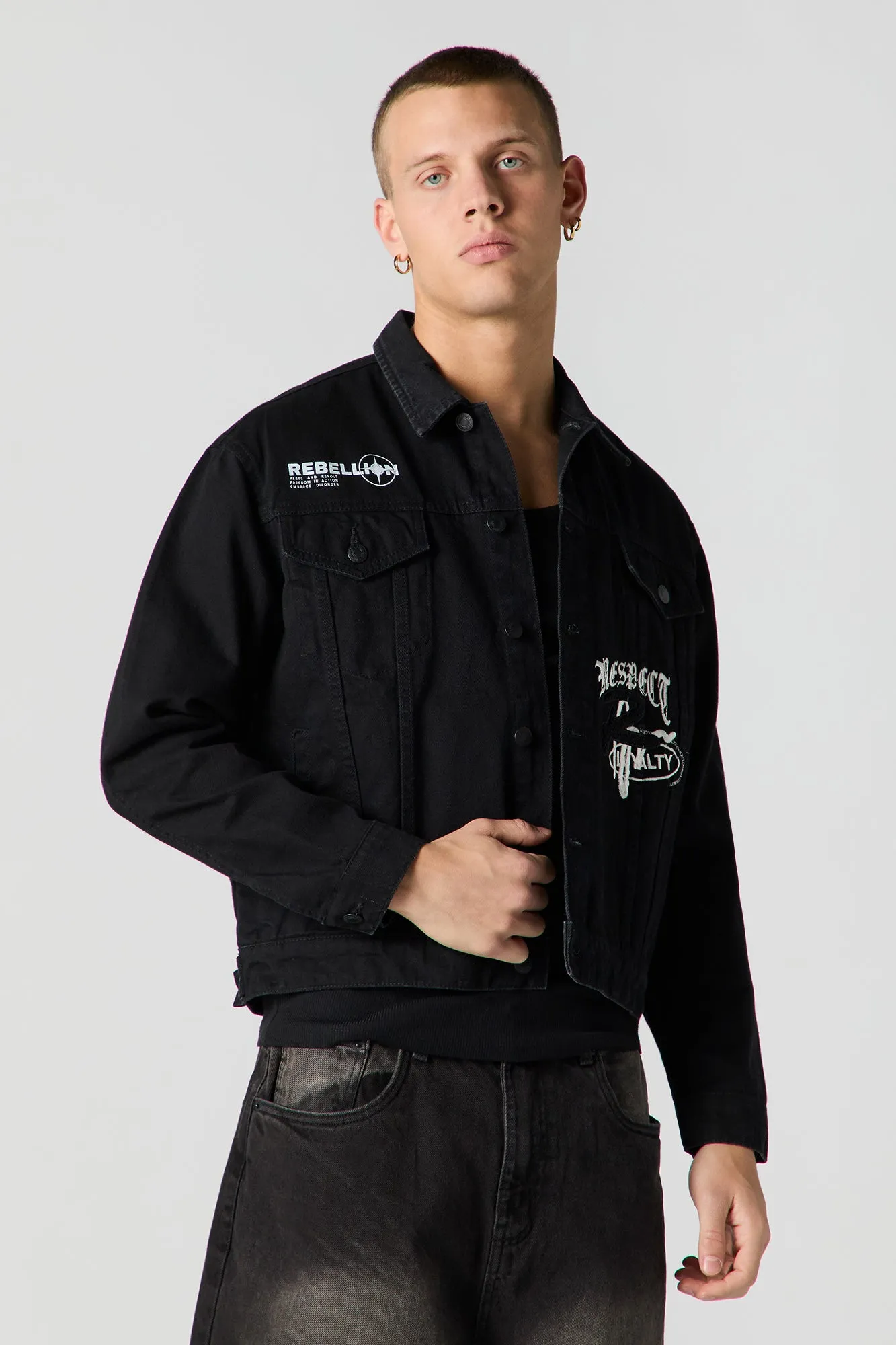 Embroidered Denim Trucker Jacket sold by Urban Planet