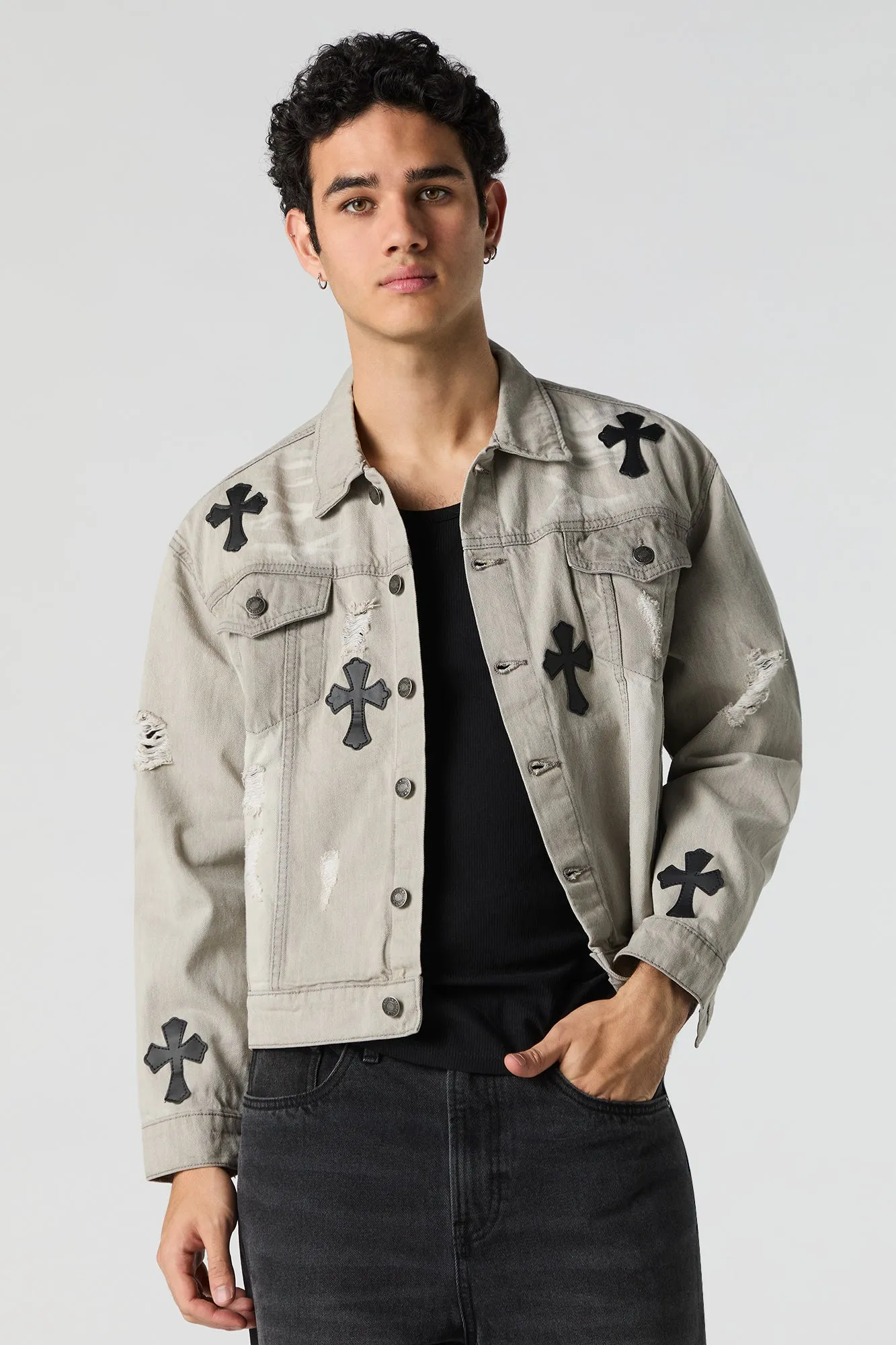 Distressed Denim Faux Leather Cross Trucker Jacket sold by Urban Planet product image thumbnail 4