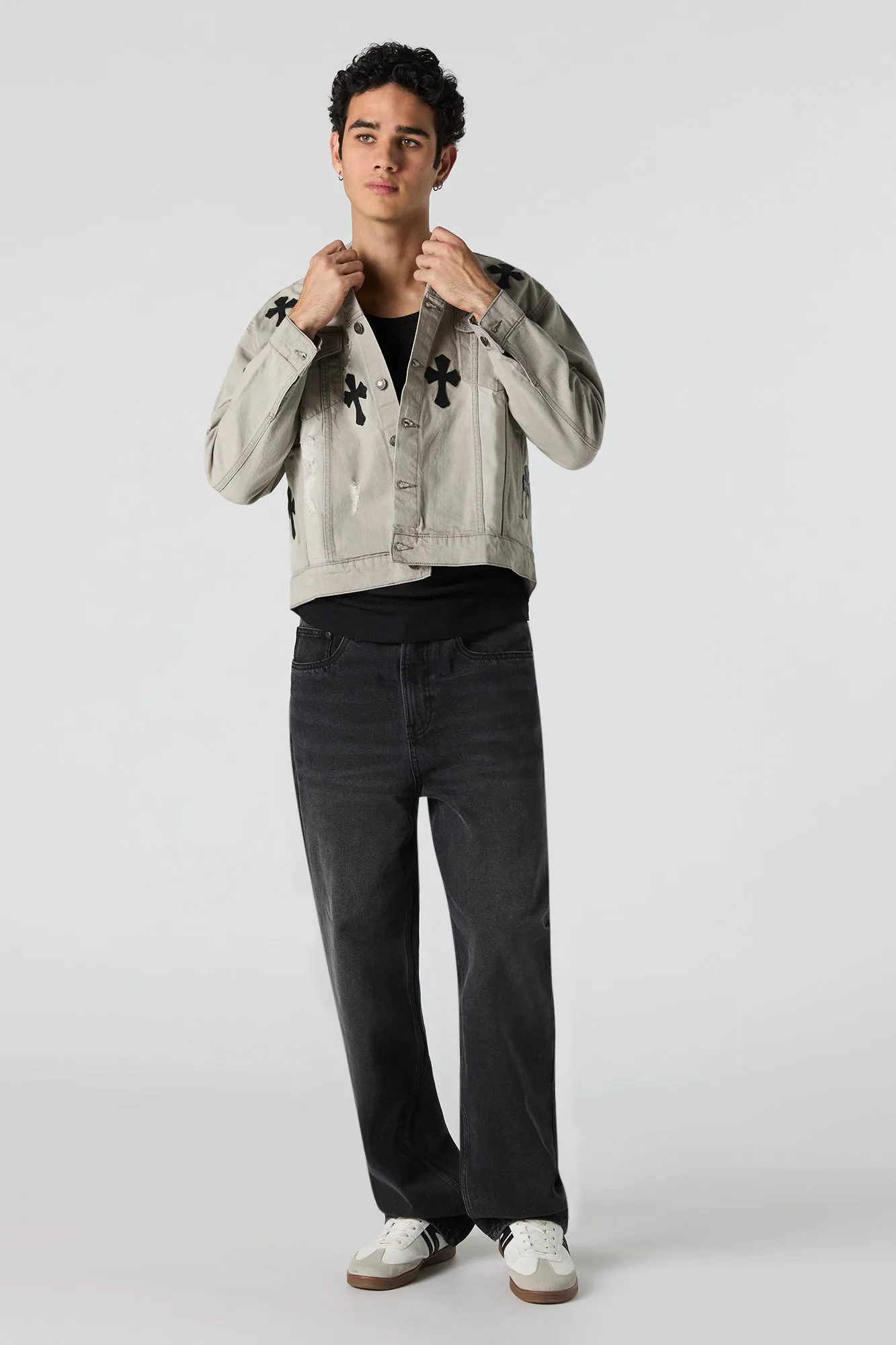 Distressed Denim Faux Leather Cross Trucker Jacket sold by Urban Planet product image thumbnail 3