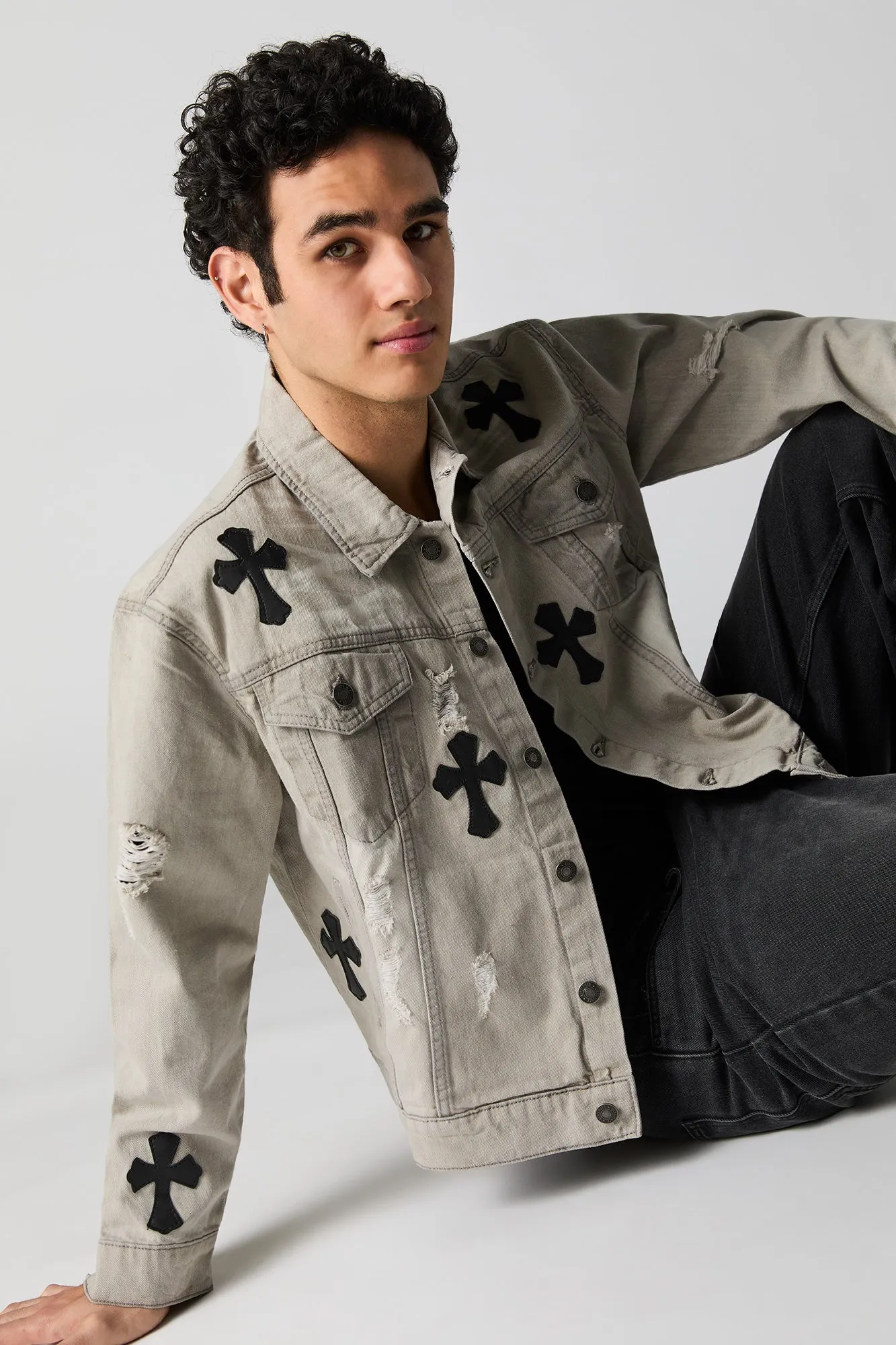 Distressed Denim Faux Leather Cross Trucker Jacket sold by Urban Planet