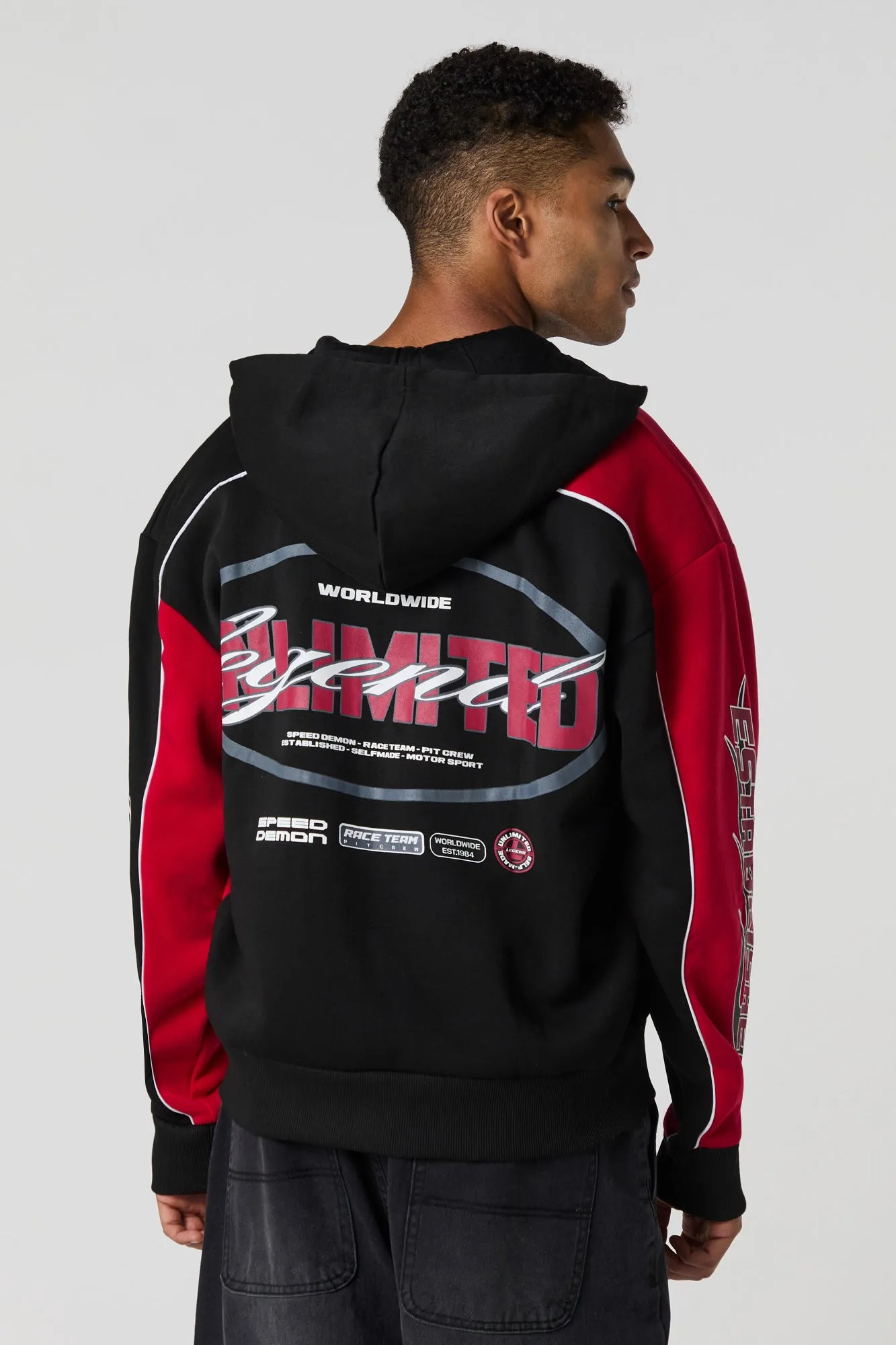 Racing Graphic Fleece Zip-Up Hoodie sold by Urban Planet