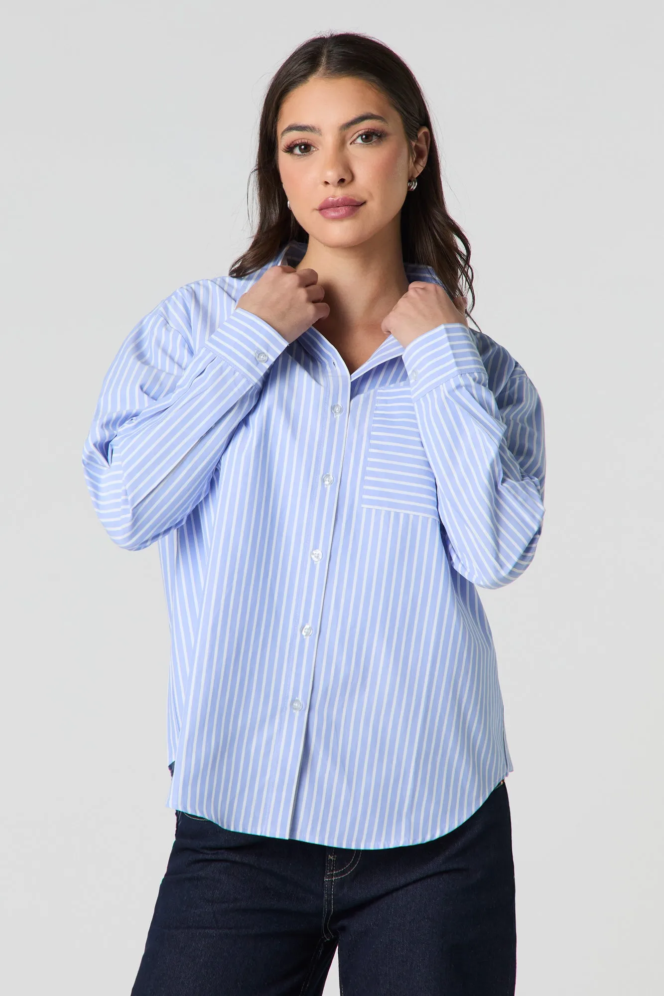 Oversized Striped Button-Up Top sold by Urban Planet