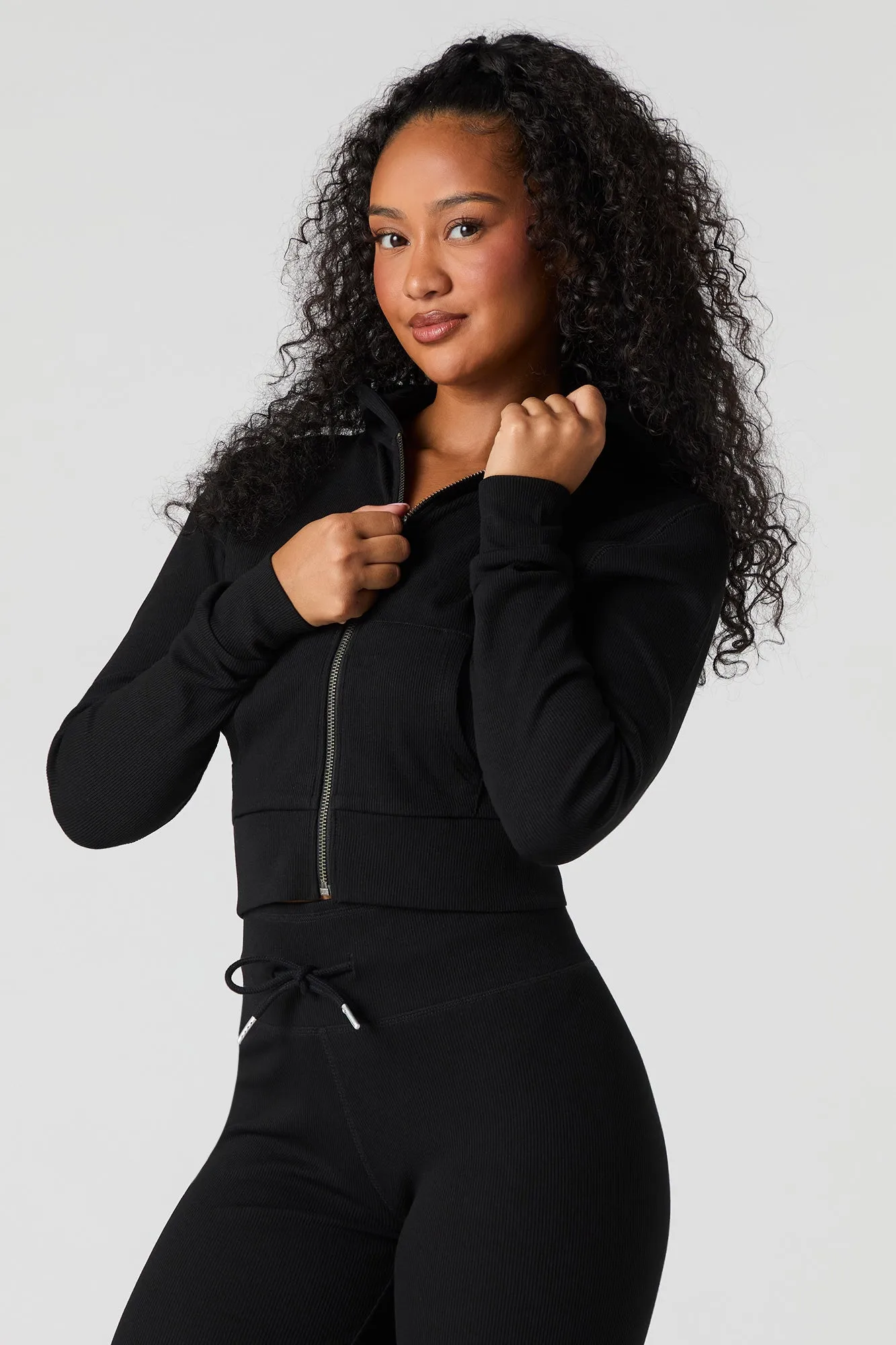 Haut à capuchon côtelé écourté à glissière Active sold by Urban Planet product image thumbnail 2