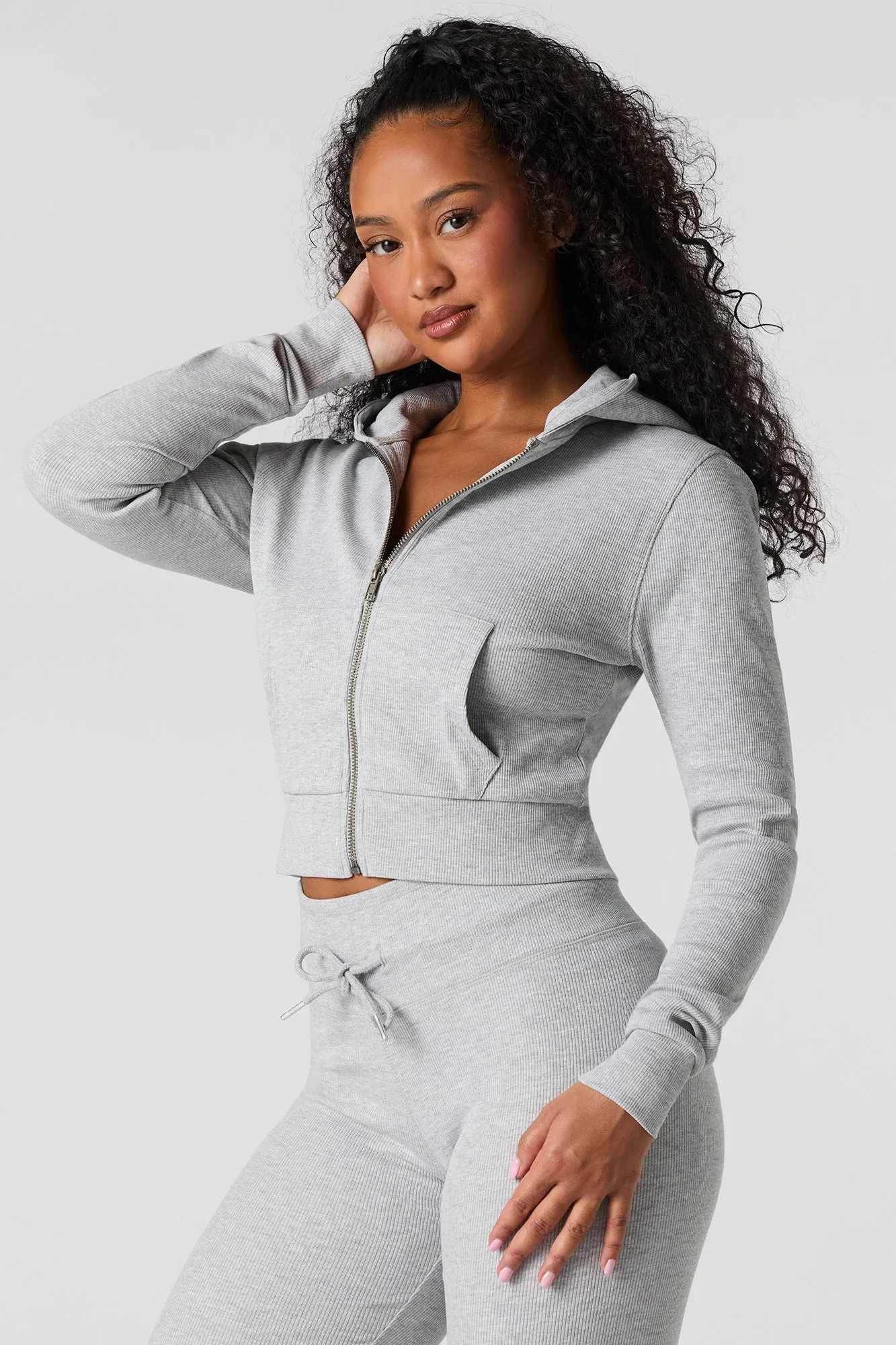 Haut à capuchon côtelé écourté à glissière Active sold by Urban Planet product image thumbnail 5