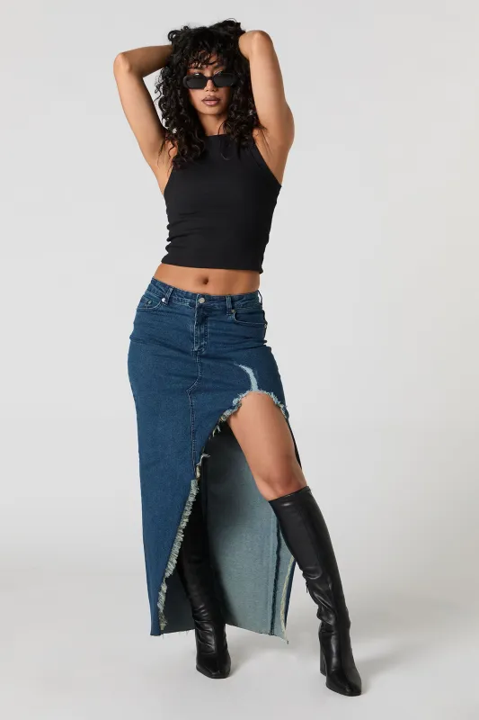 Slit Ripped Denim Midi Skirt sold by Urban Planet
