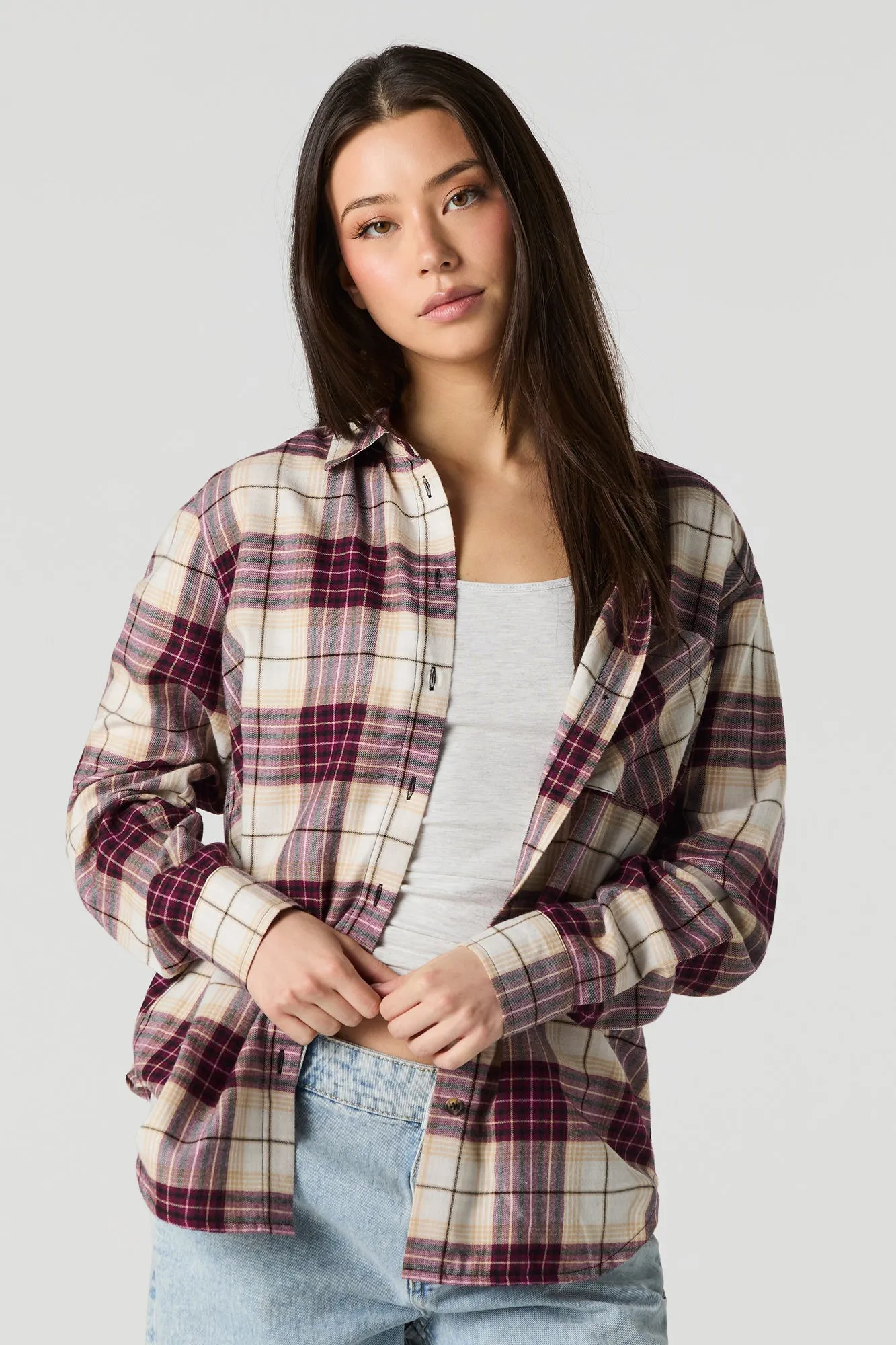Plaid Flannel Long Sleeve Button-Up Top sold by Urban Planet