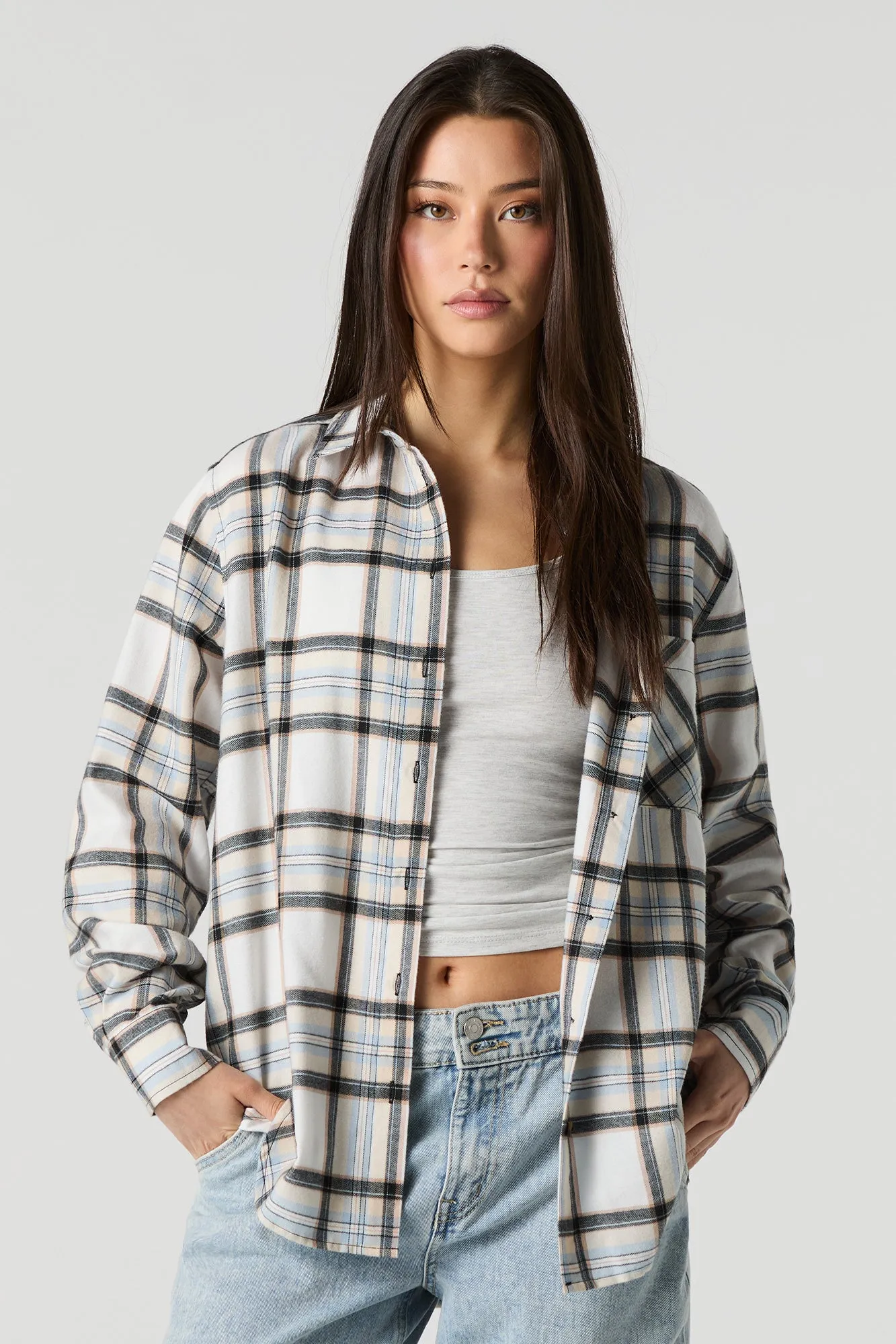 Plaid Flannel Long Sleeve Button-Up Top sold by Urban Planet product image thumbnail 4