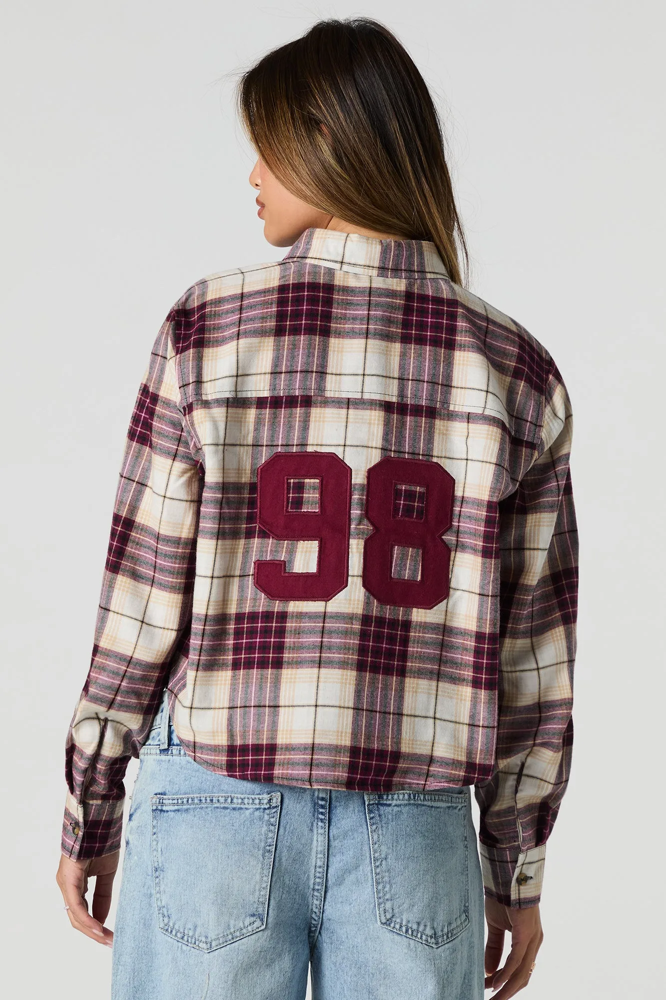 Twill Embroidered Plaid Cropped Button-Up Top sold by Urban Planet