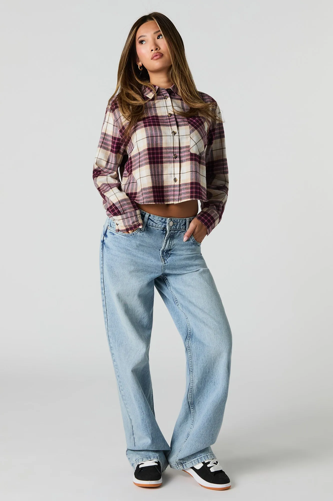 Twill Embroidered Plaid Cropped Button-Up Top sold by Urban Planet product image thumbnail 3