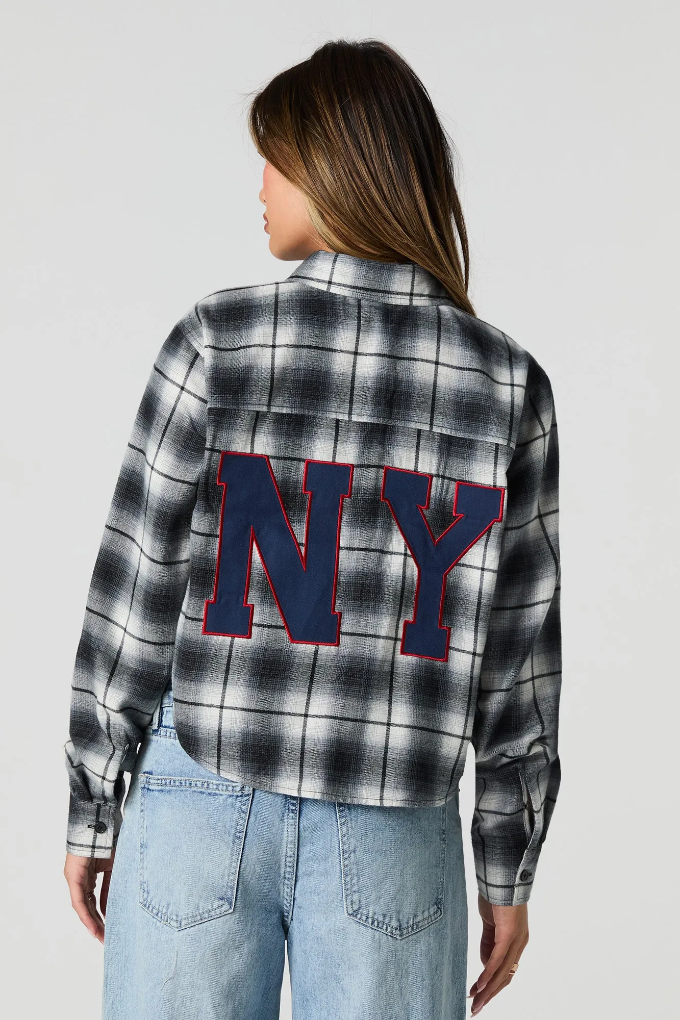 Twill Embroidered Plaid Cropped Button-Up Top sold by Urban Planet product image thumbnail 4