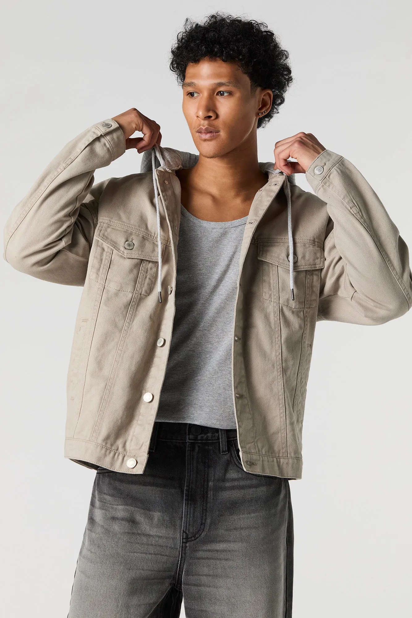 Fleece Hooded Denim Trucker Jacket sold by Urban Planet