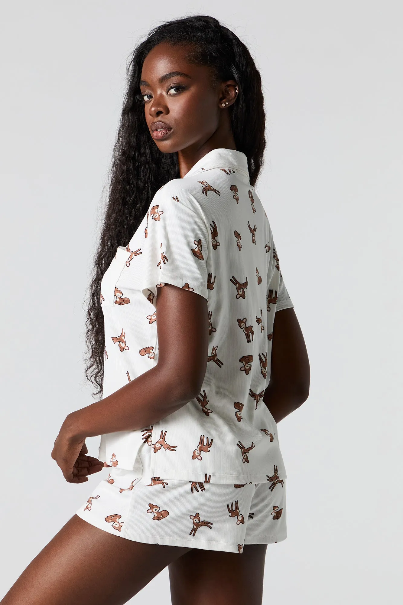 Ribbed Button-Up Top & Short 2 Piece Pajama Set sold by Urban Planet product image thumbnail 2