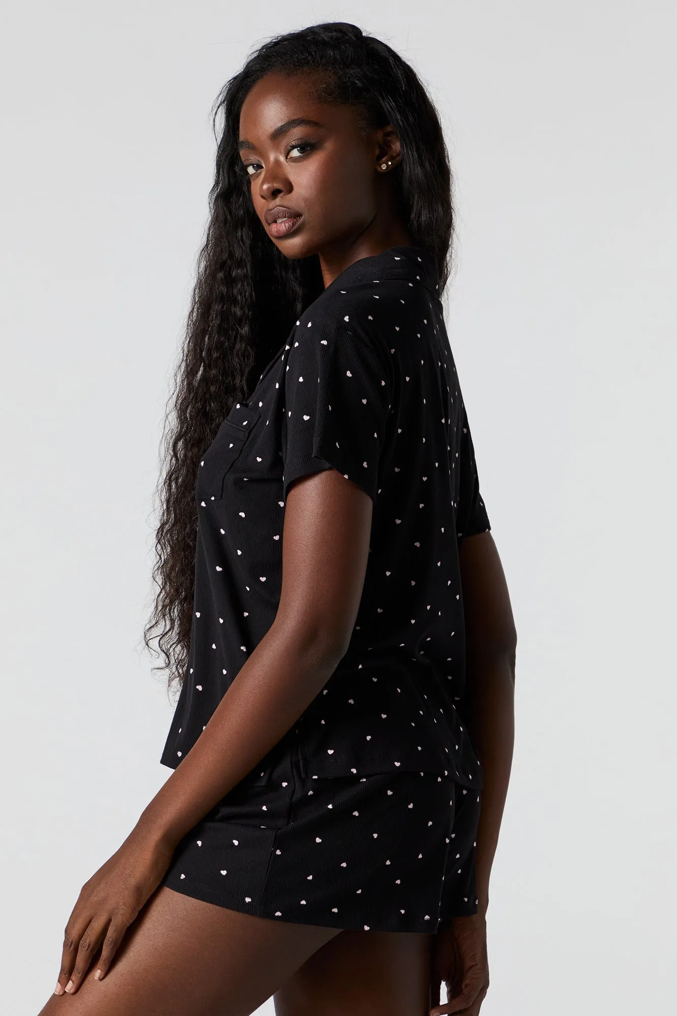 Ribbed Button-Up Top & Short 2 Piece Pajama Set sold by Urban Planet product image thumbnail 5