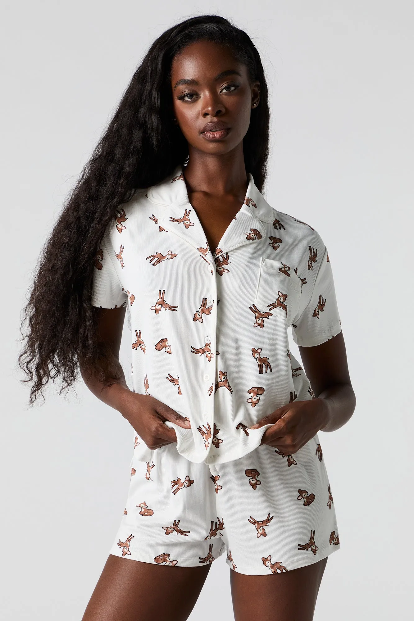 Ribbed Button-Up Top & Short 2 Piece Pajama Set sold by Urban Planet