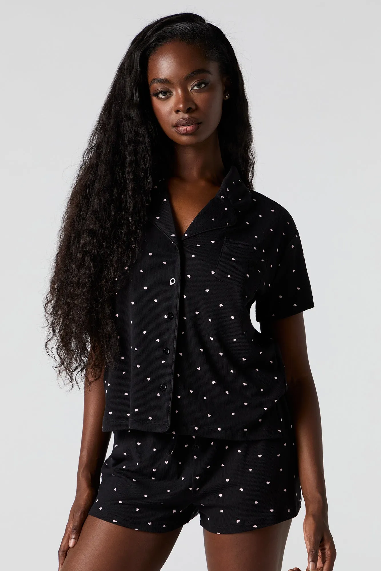 Ribbed Button-Up Top & Short 2 Piece Pajama Set sold by Urban Planet product image thumbnail 4