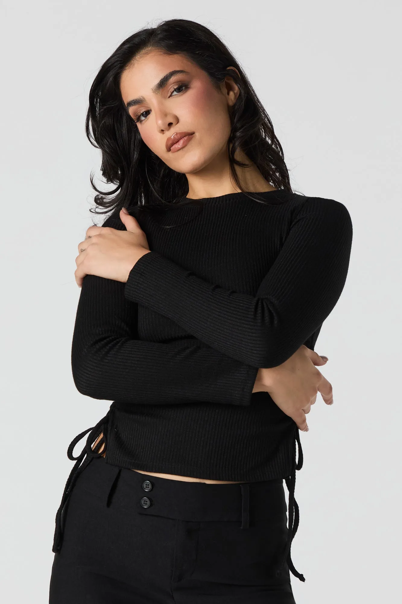 Ribbed Drawstring Side Long Sleeve Top sold by Urban Planet product image thumbnail 4